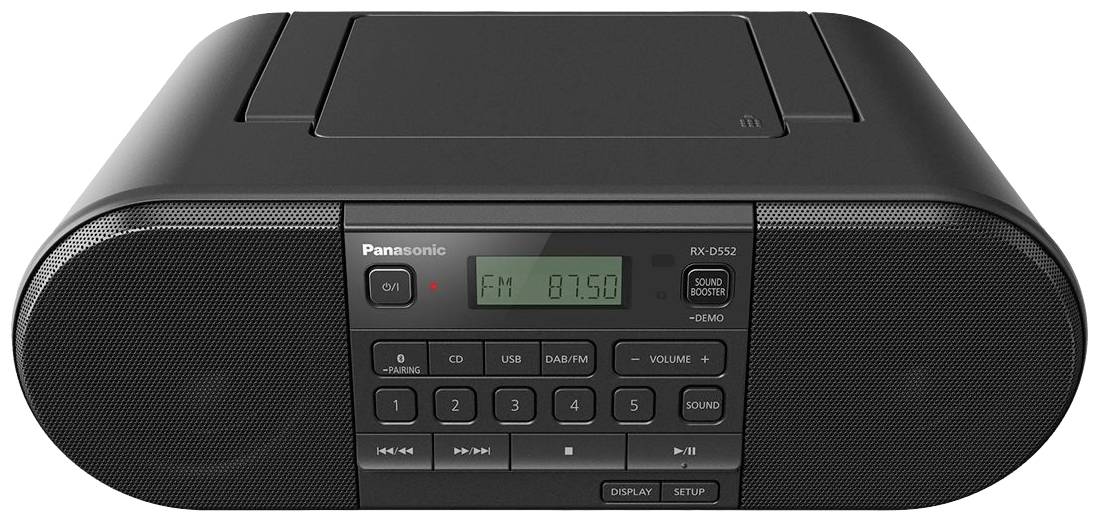 Tragbares schwarzes Radio mit digitalem Display, zeigt die FM-Frequenz 87.50 an. Tasten für Lautstärke und Senderwahl vorhanden.