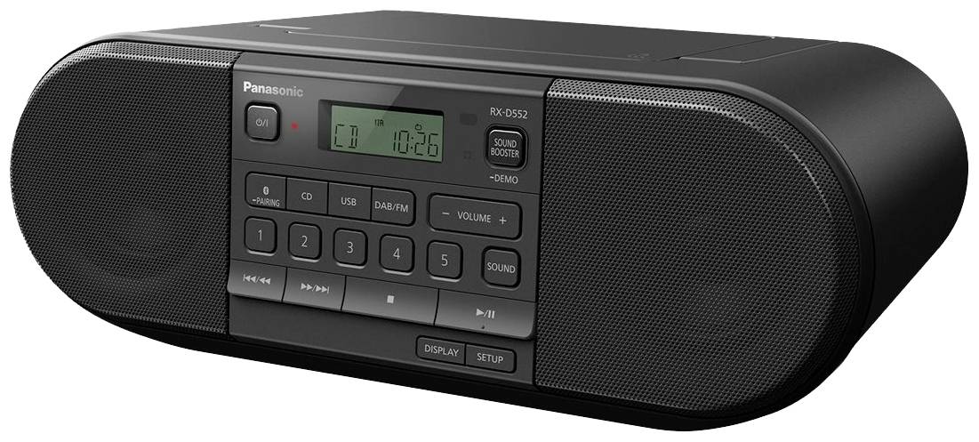 Ein tragbares, schwarzes Radio mit Lautsprechern, Tastensteuerung und digitalem Display, das 'Panasonic' anzeigt.