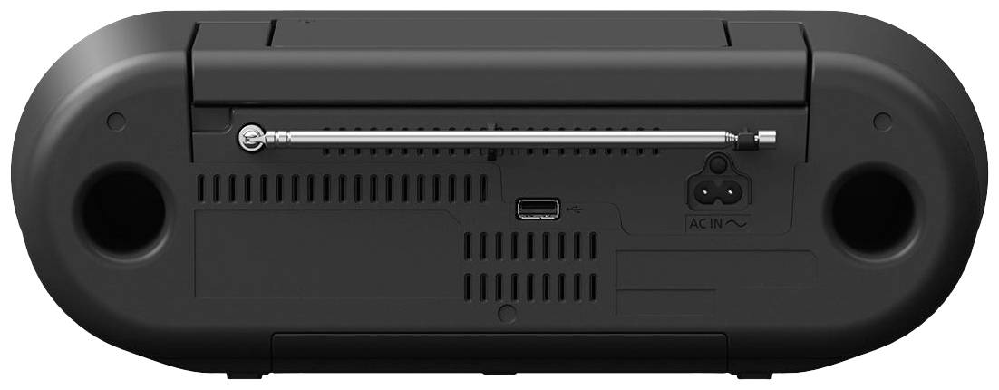 Rückseite eines tragbaren Radios mit Teleskopantenne und Anschlussbuchsen für Strom und USB.