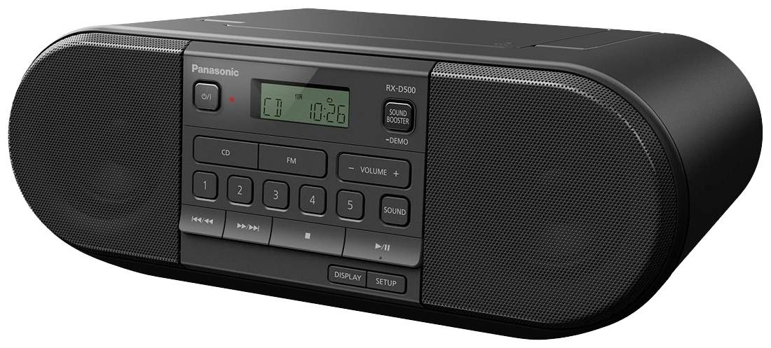 Ein tragbares, schwarzes Radio mit eingebautem CD-Player, Lautsprechern und einem digitalen Display, das die Uhrzeit anzeigt.