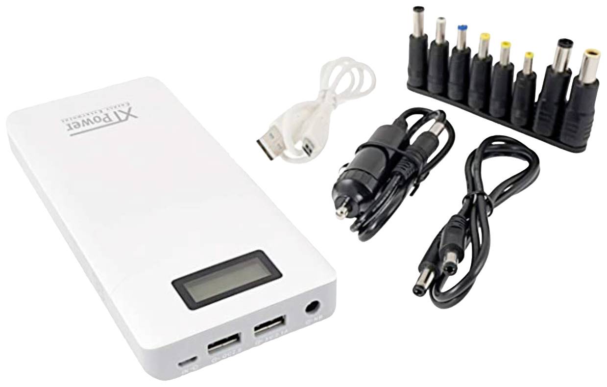 Tragbare Powerbank mit LCD-Anzeige, zwei USB-Anschlüssen, Adapterset und Kfz-Ladegerät, geeignet zum Aufladen verschiedener Geräte.