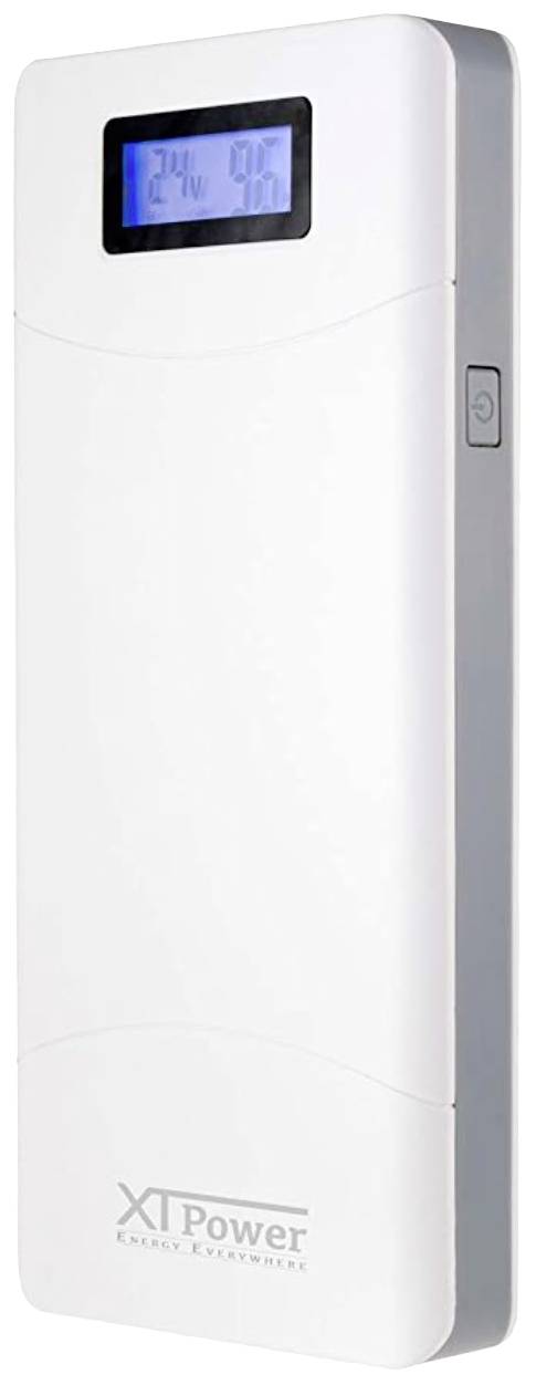Weiße Powerbank mit eingebautem Display, zeigt '24%' als Akku-Ladestand. Markierung: XTPower.