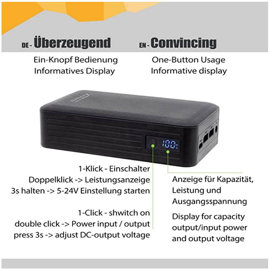 `Tragbares Gerät mit digitalem Display, zeigt Batteriestand. Tasten für Ein/Aus und Einstellungen. Beschriftungen auf Deutsch und Englisch.`