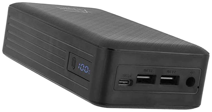 Eine schwarze Powerbank mit digitaler Anzeige, zwei USB-A-Anschlüssen, einem USB-C-Anschluss und einem Micro-USB-Anschluss auf der Vorderseite.