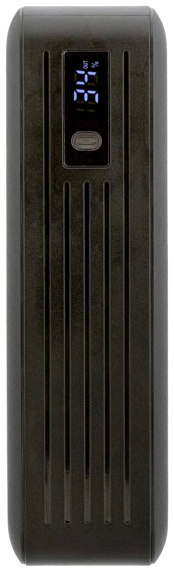 Schwarze Powerbank in rechteckiger Form mit digitaler Anzeige, die '98%' zeigt. Ideal für mobiles Aufladen von Geräten.