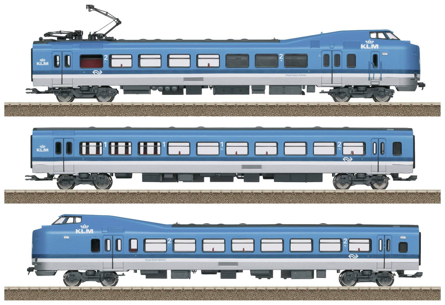 Drei Modelleisenbahnzüge in Blau und Silber, seitlich dargestellt. Oben ein Steuerwagen, darunter zwei Passagierwagen. Alle im gleichen Design.