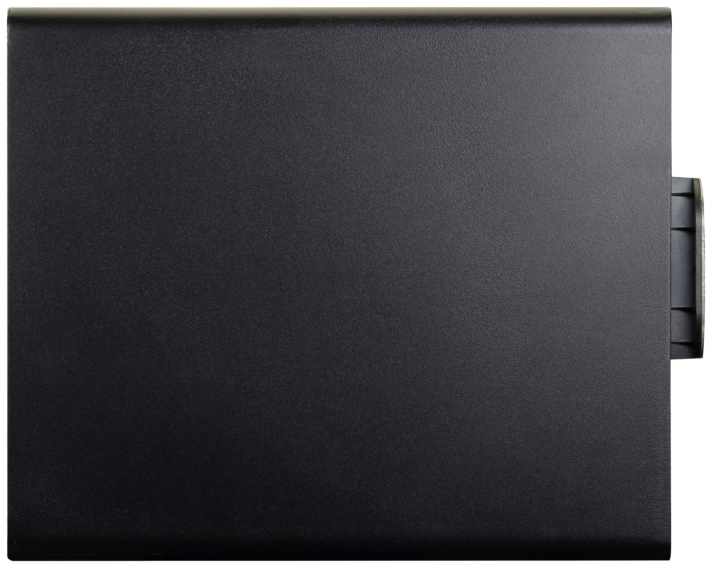 Eine geschlossene schwarze Laptop-Hülle, rechteckig, mit Deckel leicht nach links versetzt.