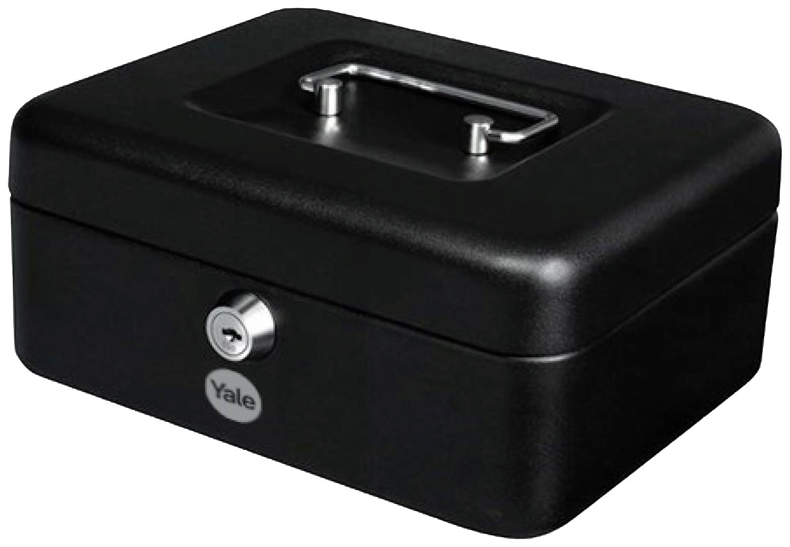 Eine schwarze Geldkassette mit Metallgriff und integriertem Sicherheitsschloss.