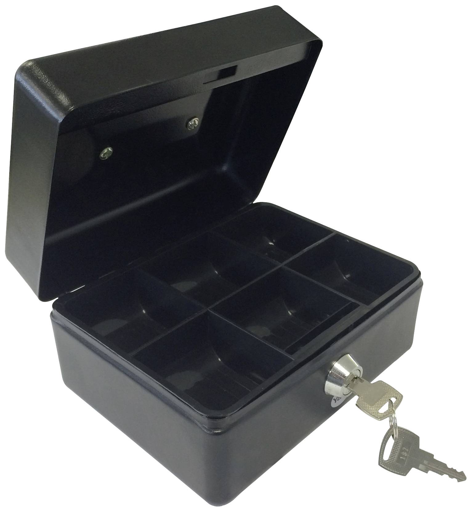 Schwarze Sicherheitsschlüsselbox mit geöffnetem Deckel, zeigt sechs Fächer und einen Schlüssel im Schloss.