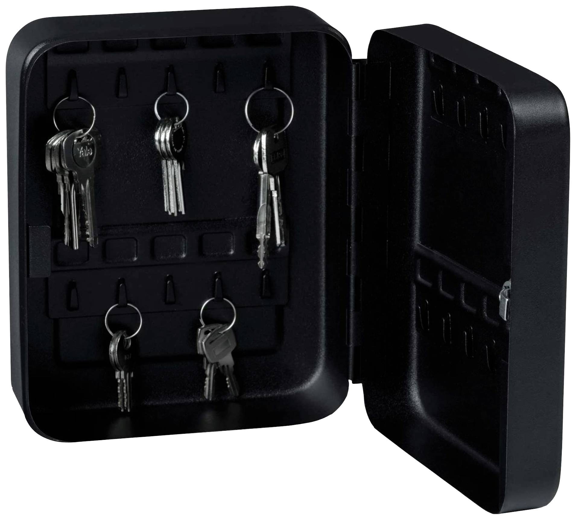 Eine schwarze Schlüsselkassette mit geöffnetem Türchen, darin befinden sich mehrere beschriftete Schlüsselbunde an Haken.