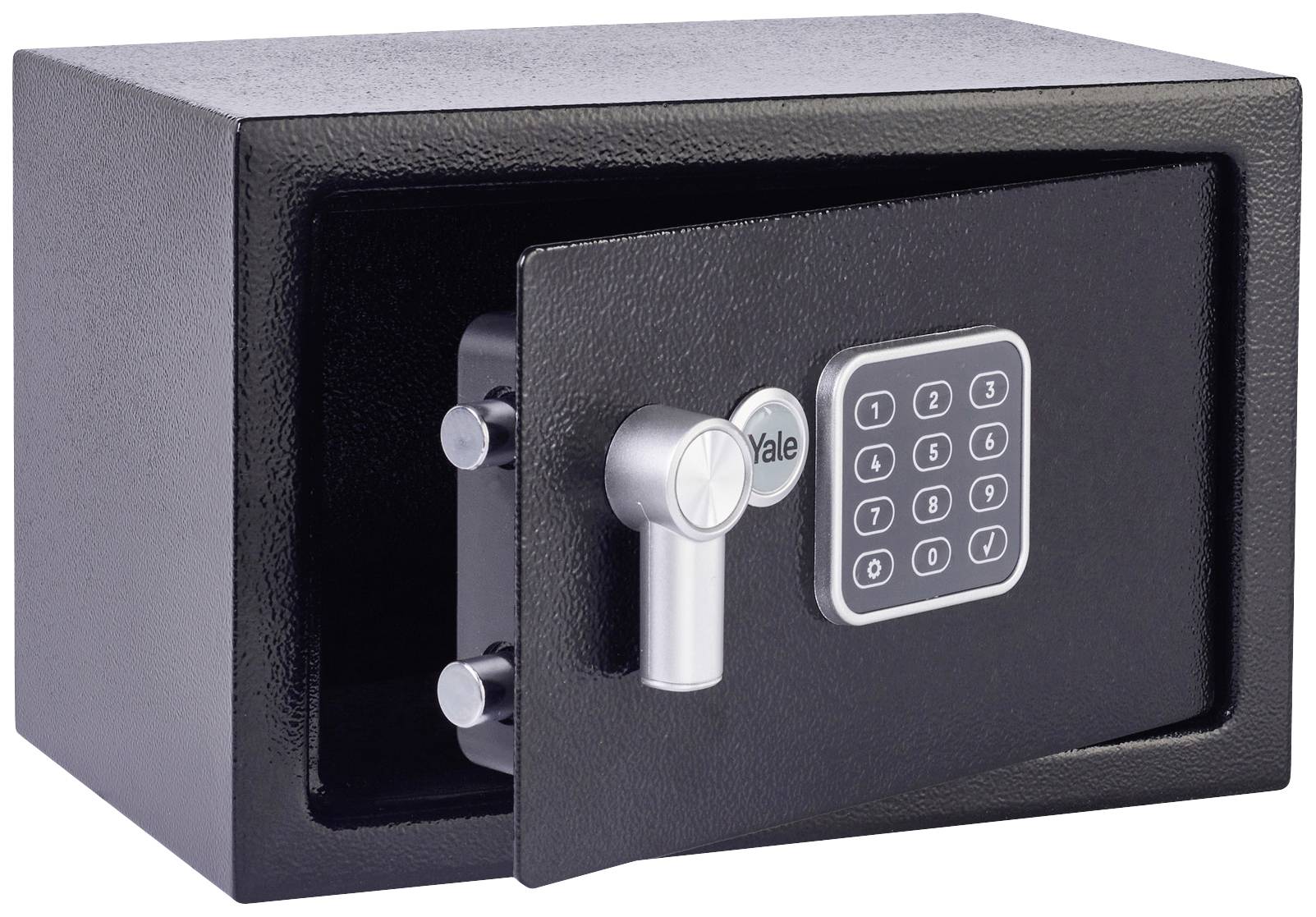 Ein schwarzer Tresor mit offenstehender Tür und digitalem Tastenfeld.