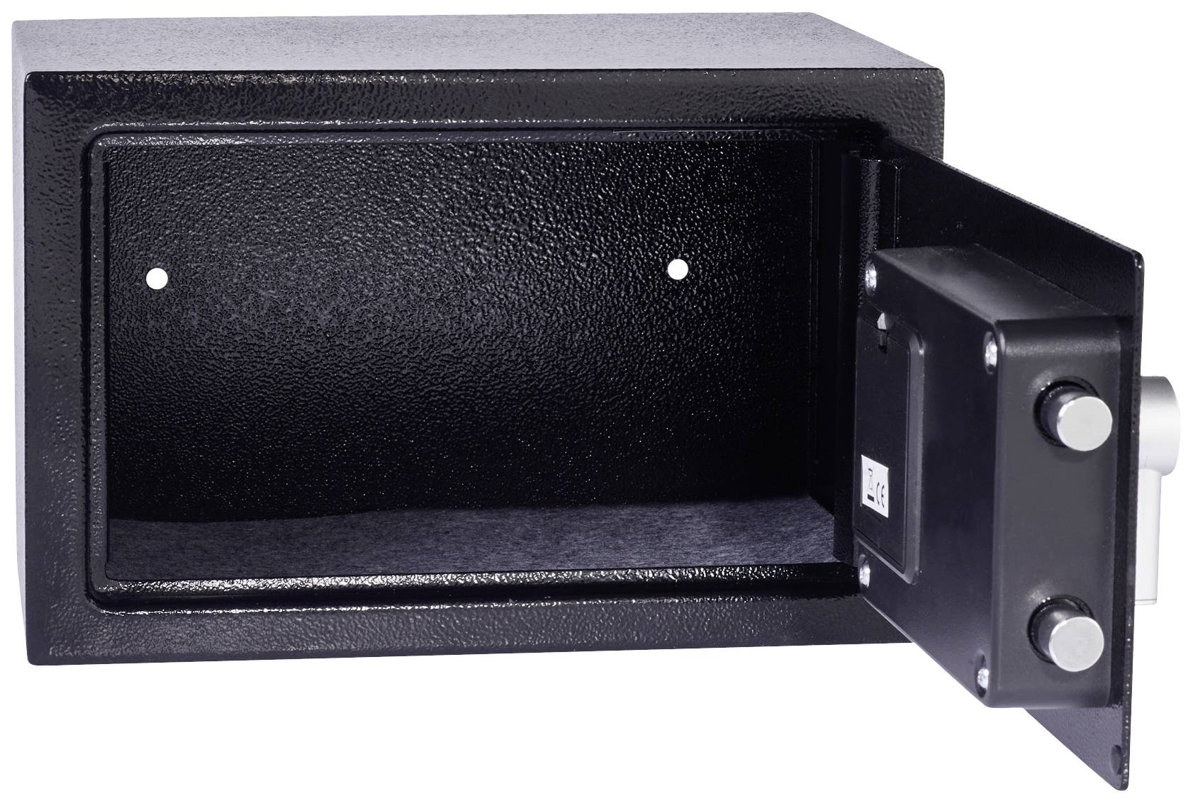 Geöffneter schwarzer Stahl-Tresor ohne Inhalt, Vorderansicht. Schwenkbare Tür mit sichtbaren Scharnieren und Sicherheitsbolzen.