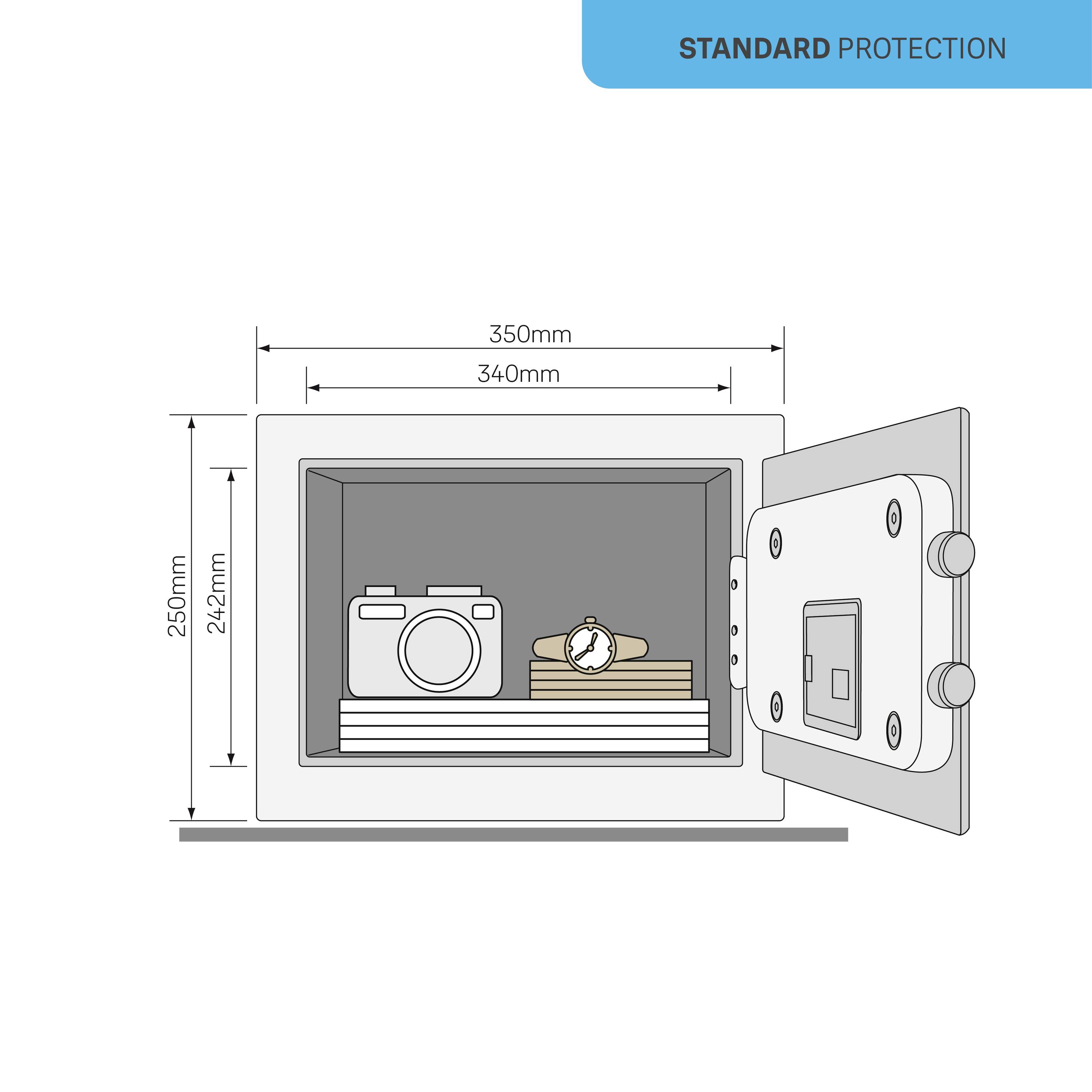 Geöffneter Safe mit Maßen: Breite 350 mm, Tiefe 250 mm. Innen befinden sich eine Kamera, Uhren und Dokumente.