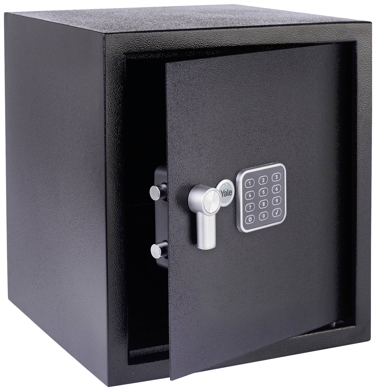 Offener, schwarzer Tresor mit elektronischem Zahlenschloss und Hebelgriff, zeigt ein sicheres und zugängliches Innenfach.