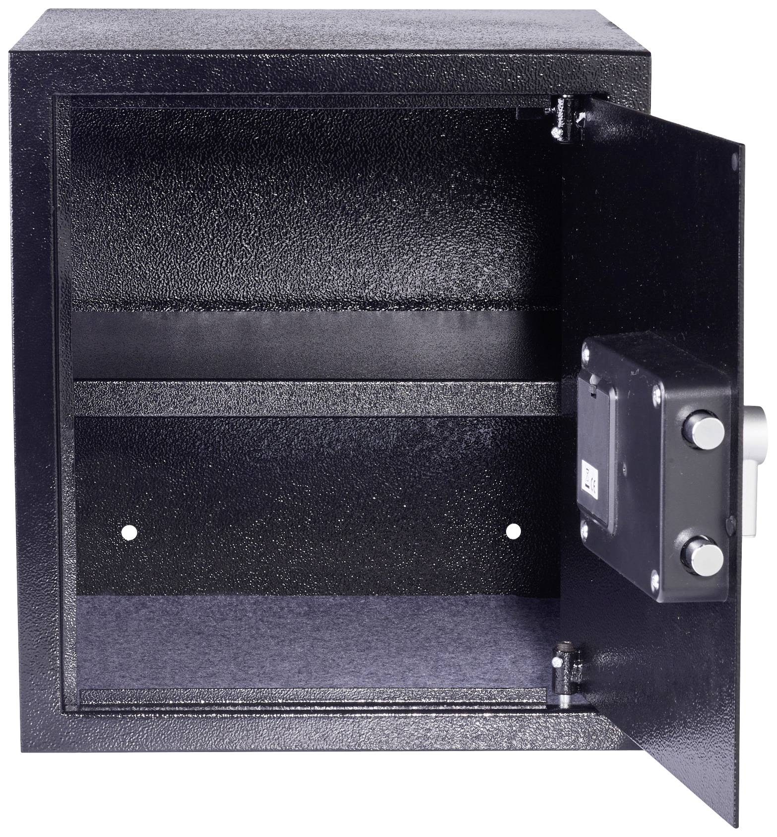 Ein geöffneter schwarzer Tresor mit einem Regalbrett innen. Die Tür ist nach rechts geöffnet und zeigt das leere Innere des Tresors.