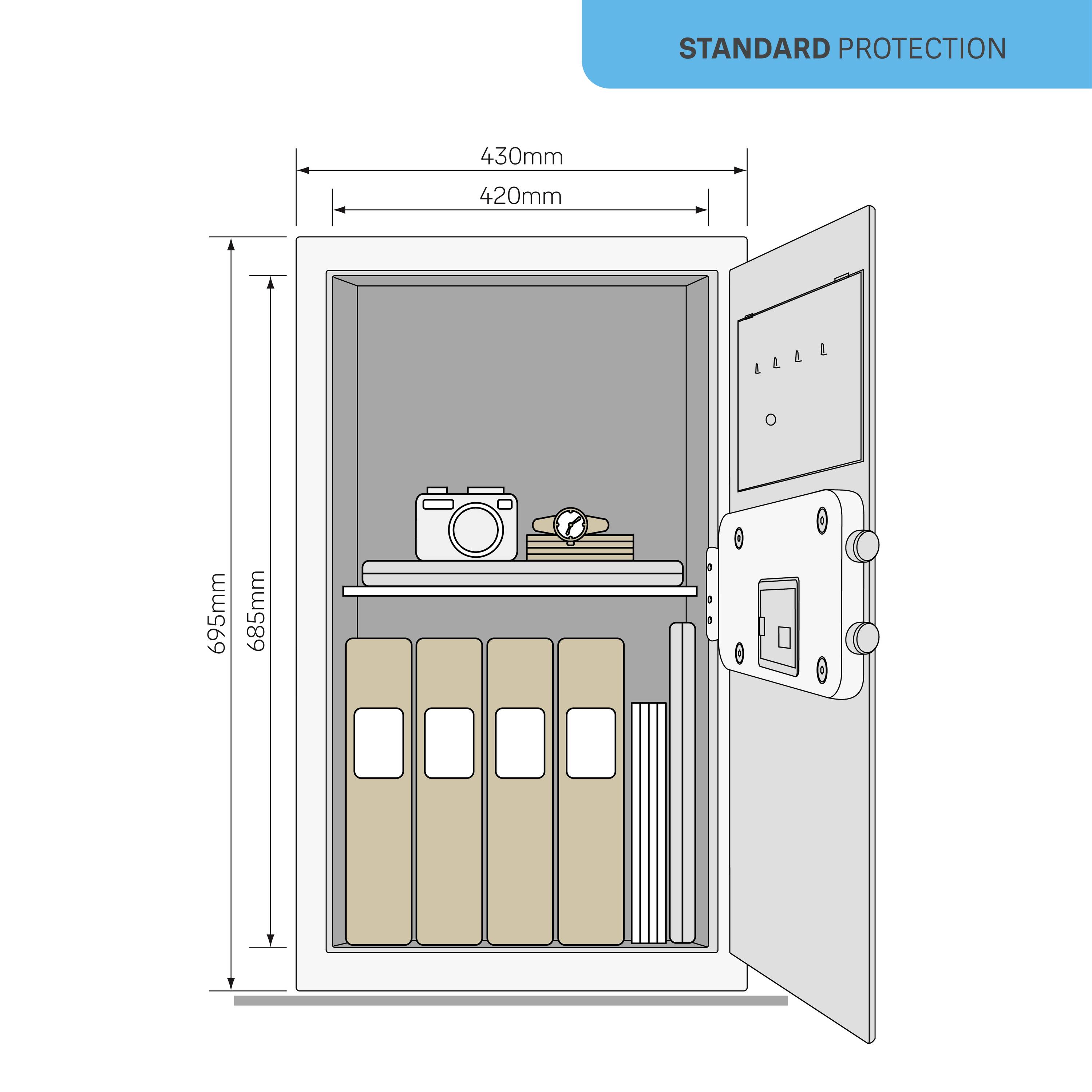 Tresor mit offenen Türen, zeigt Ordner, Kamera und Accessoires. Außengröße 695x430mm, Innenmaß 685x420mm. Standard-Schutz.