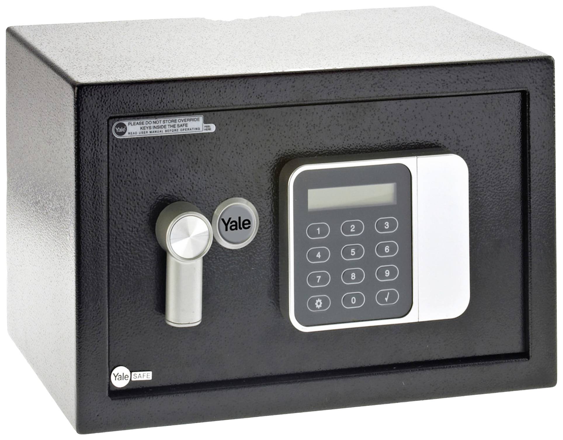 Ein schwarzer Tresor mit einer digitalen Tastatur und einem Drehgriff an der Vorderseite. Das Markenlogo ist sichtbar.