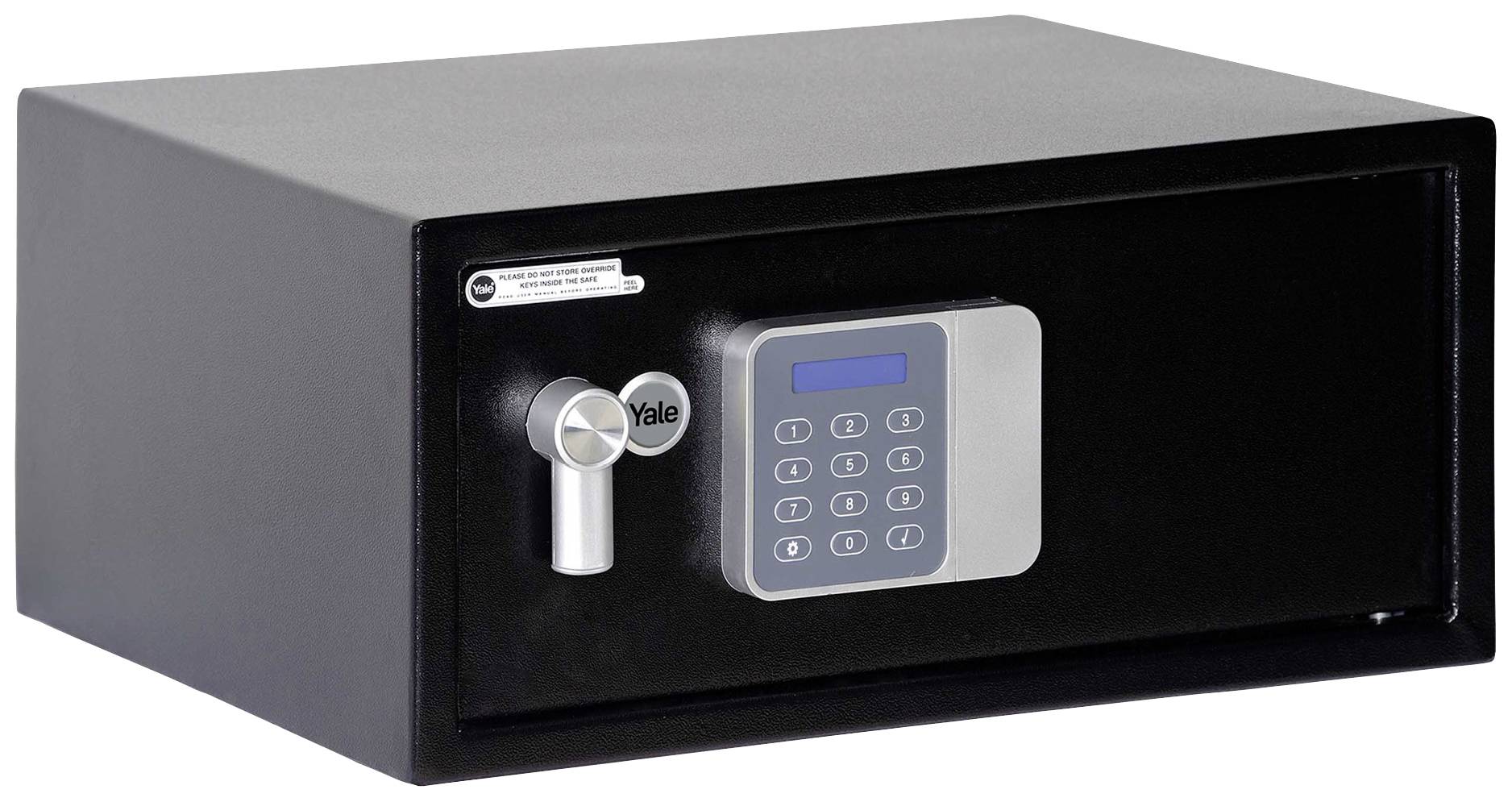 Schwarzer Tresor mit elektronischem Zahlenschloss und Drehknopfgriff, geeignet zur sicheren Aufbewahrung von Wertgegenständen.