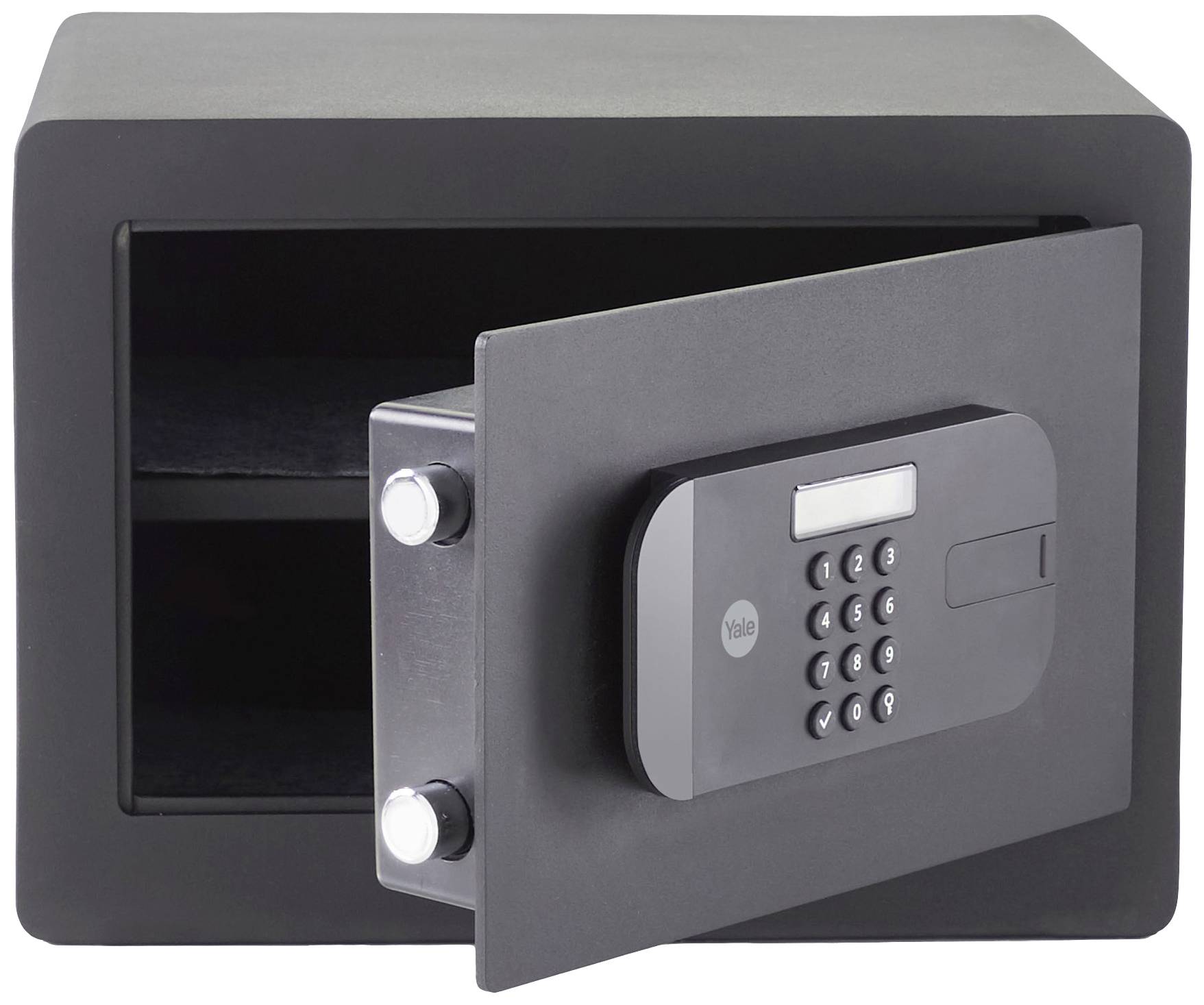 Schwarzer Tresor mit elektronischem Zahlenschloss, Tür steht offen. Geeignet für die sichere Aufbewahrung von Wertgegenständen.