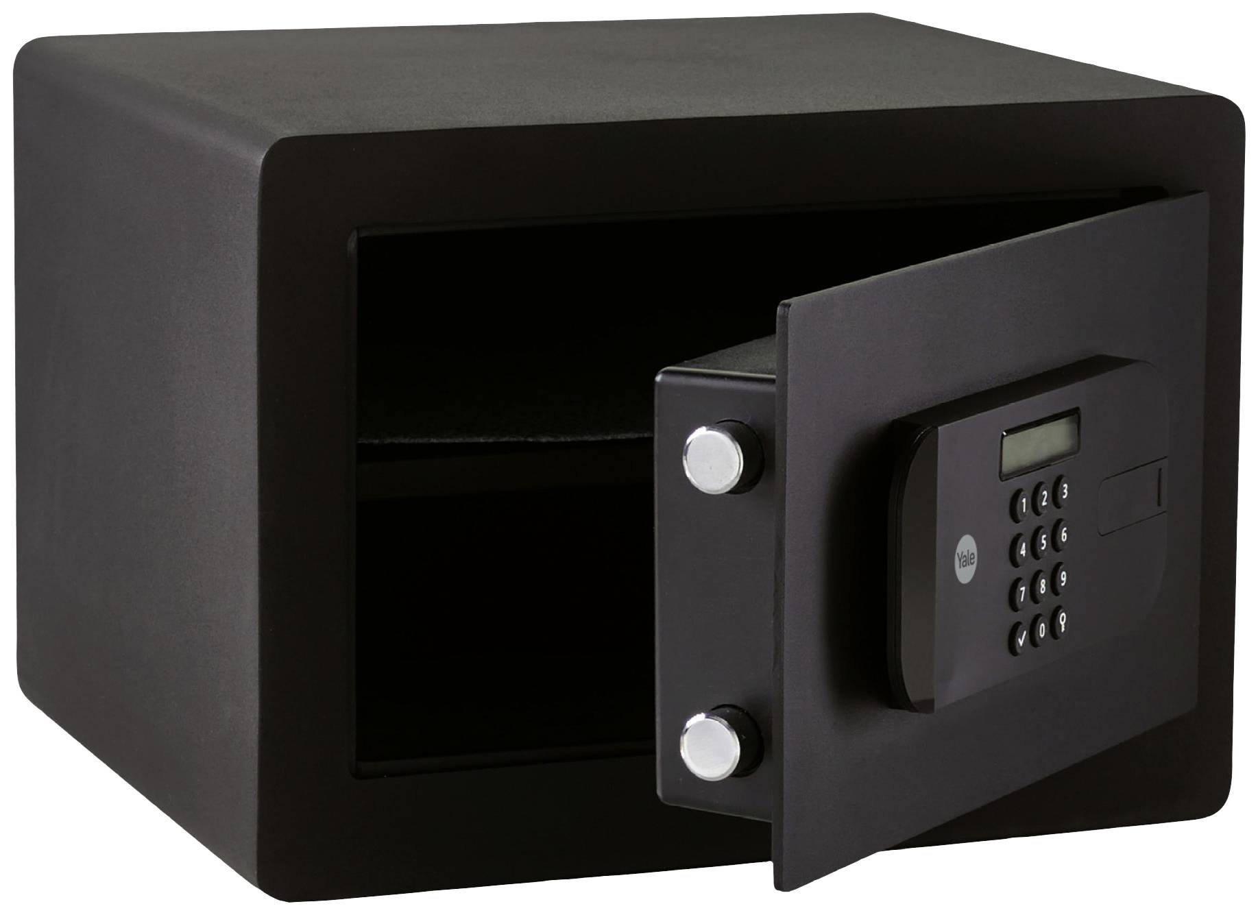 Ein schwarzer Tresor mit geöffneter Tür, sichtbar sind das elektronische Zahlenschloss und die leere Innenseite.