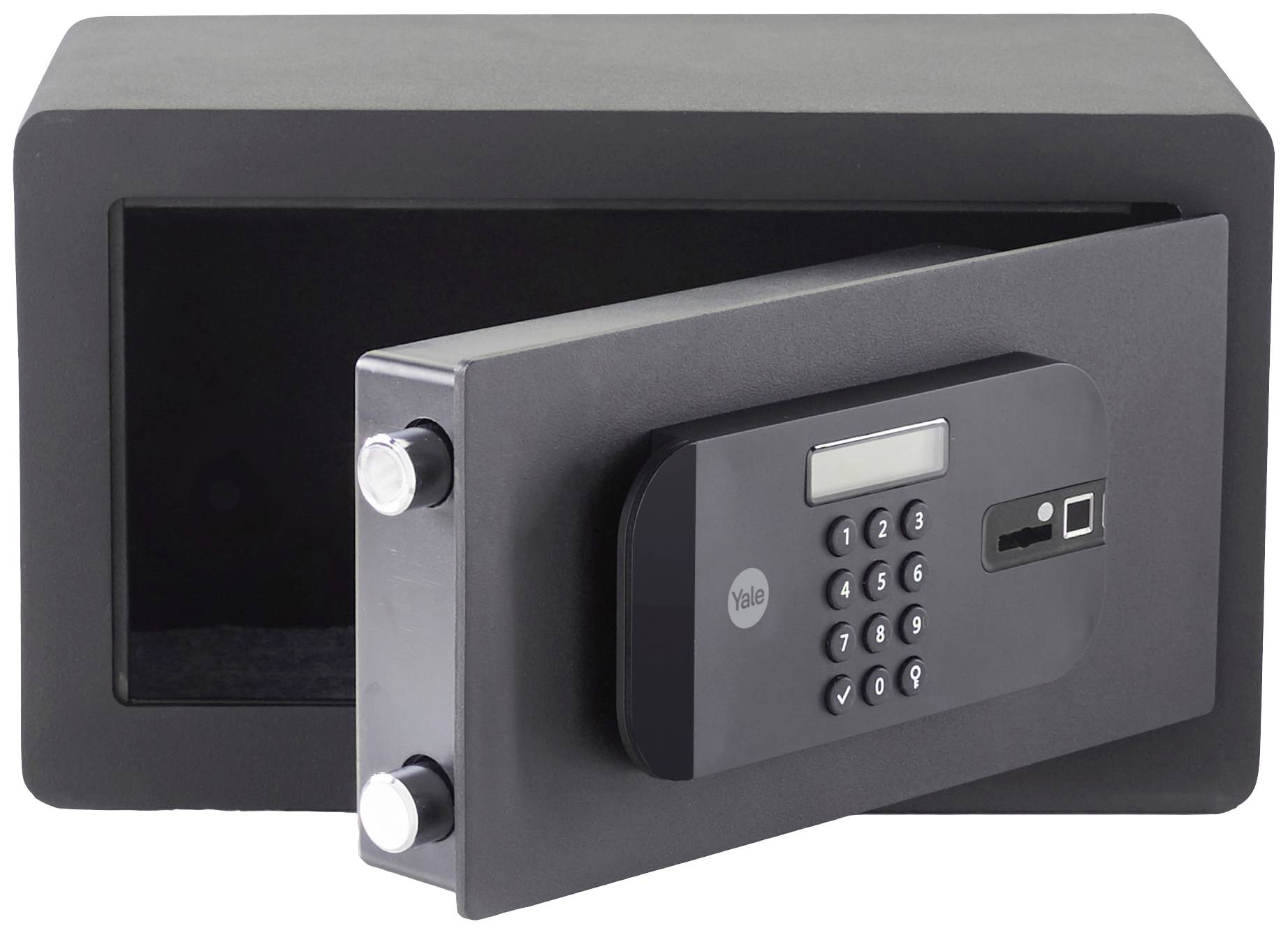 Ein schwarzer Tresor mit geöffneter Tür, zeigt ein elektronisches Zahlenschloss und einen Fingerabdruckscanner.
