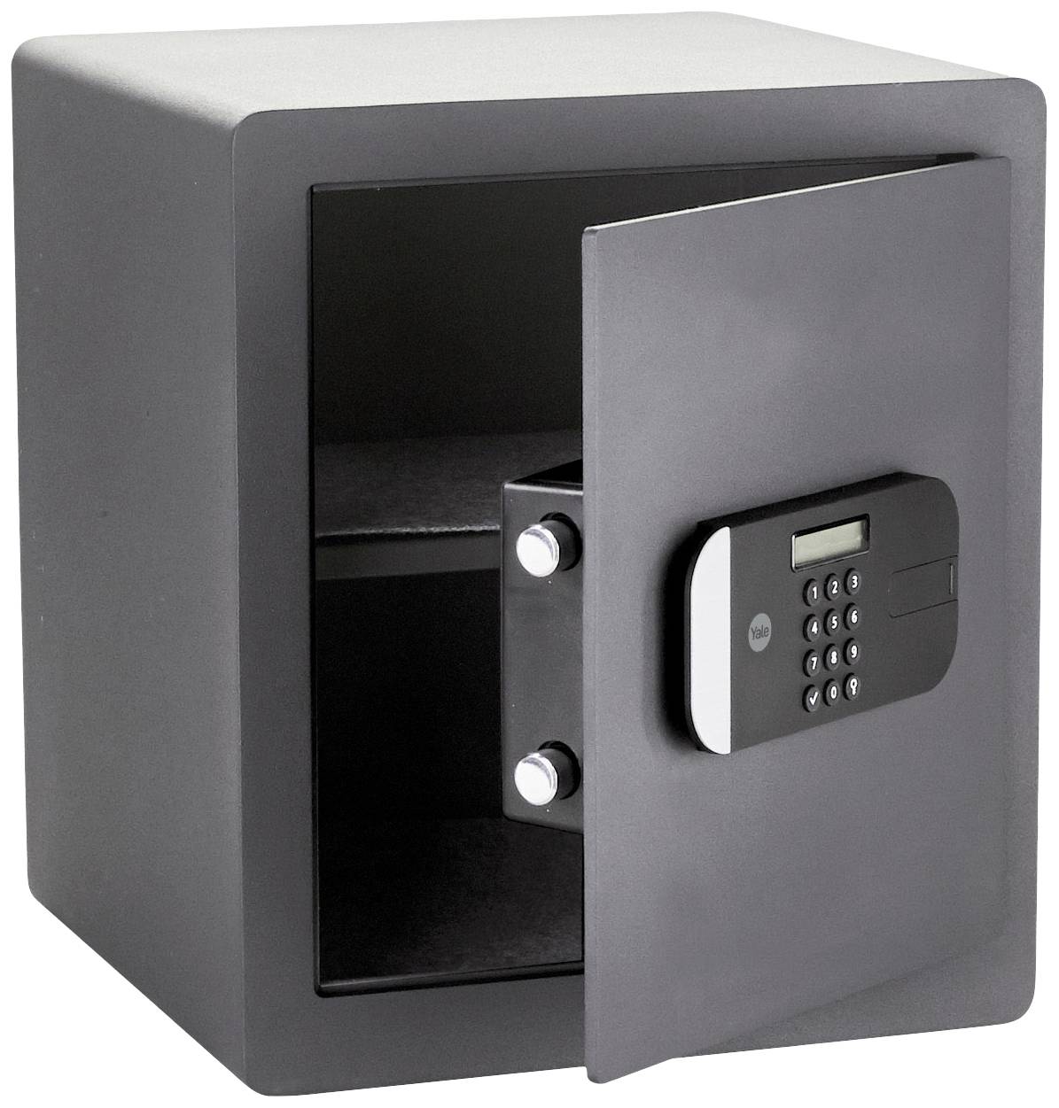 Schwarzer Tresor mit geöffneter Tür, zeigt ein digitales Zahlenschloss. Innenraum sichtbar, geeignet zur sicheren Aufbewahrung von Wertgegenständen.