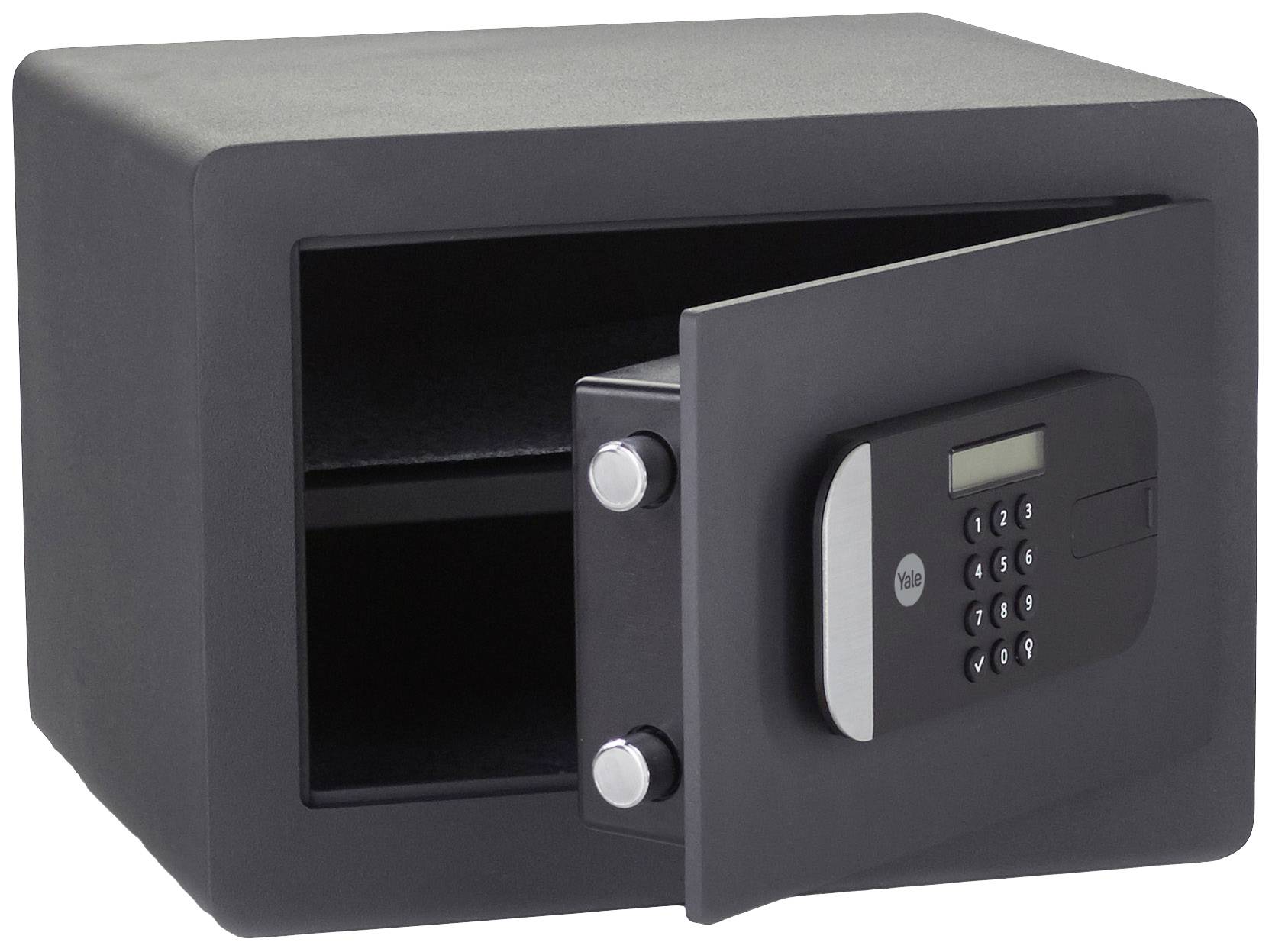 Ein geöffneter, schwarzer Tresor mit digitalem Tastenfeld an der Vorderseite.
