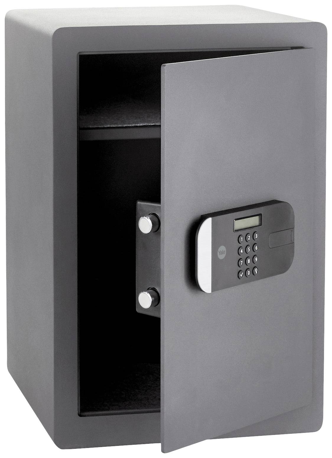 Ein geöffneter Safe mit elektronischem Zahlenschloss, zeigt leeren Innenraum.