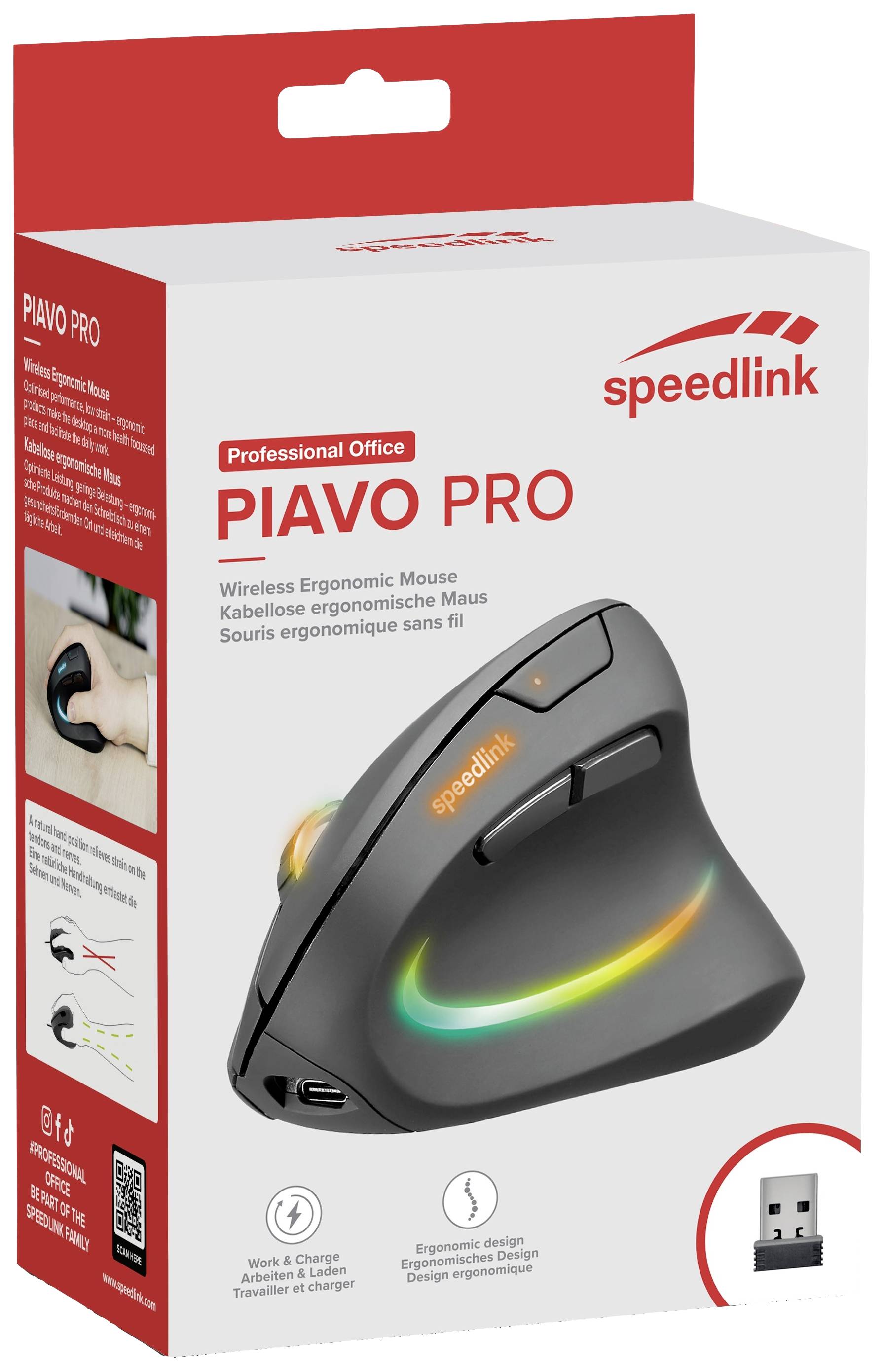 SpeedLink PIAVO PRO Illuminated Maus Funk Optisch Schwarz 5 Tasten 1200 dpi, 2400 dpi, 3200 dpi Ergonomisch, Beleuchtet