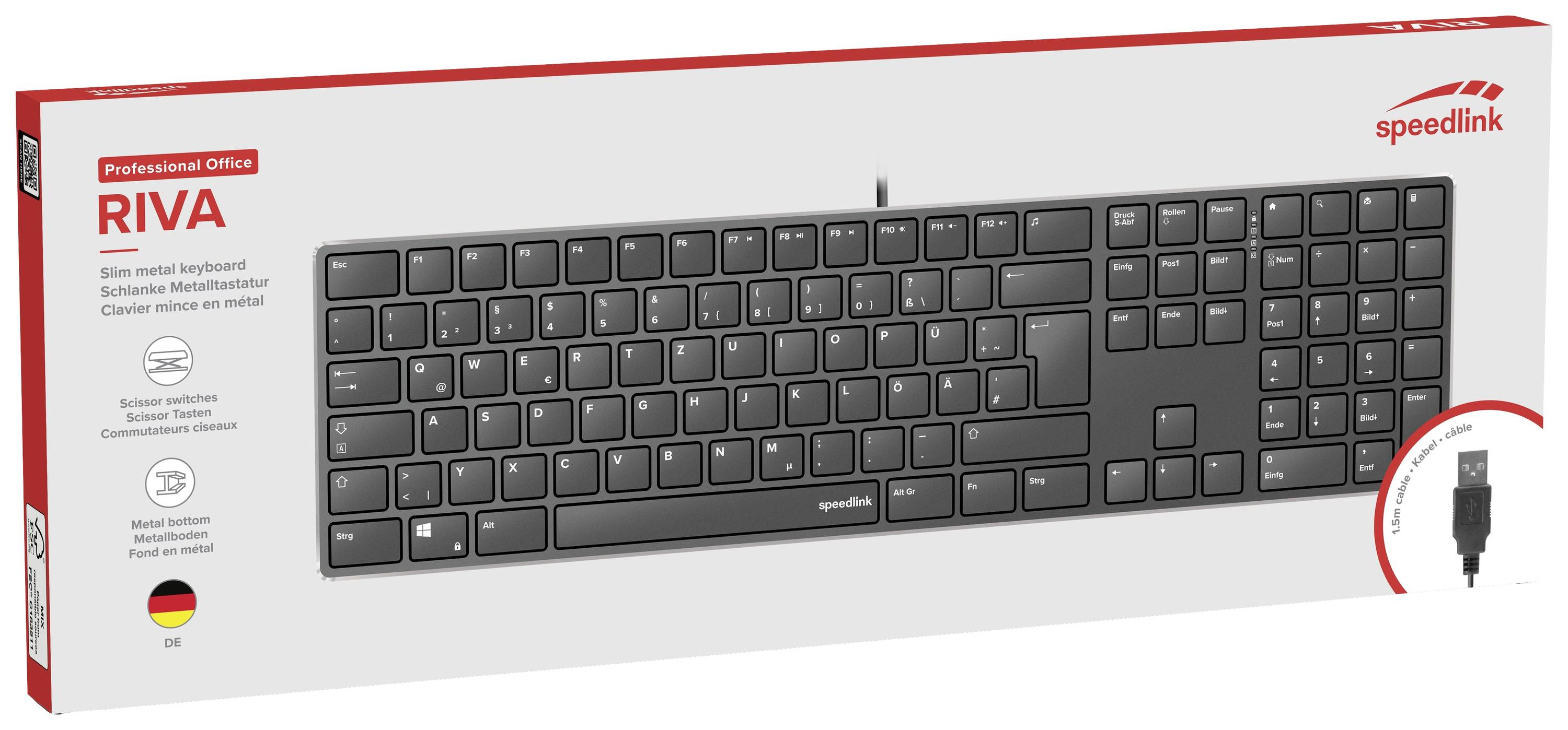 SpeedLink RIVA Slim Kabelgebunden Tastatur Deutsch, QWERTZ Schwarz Geräuscharme Tasten
