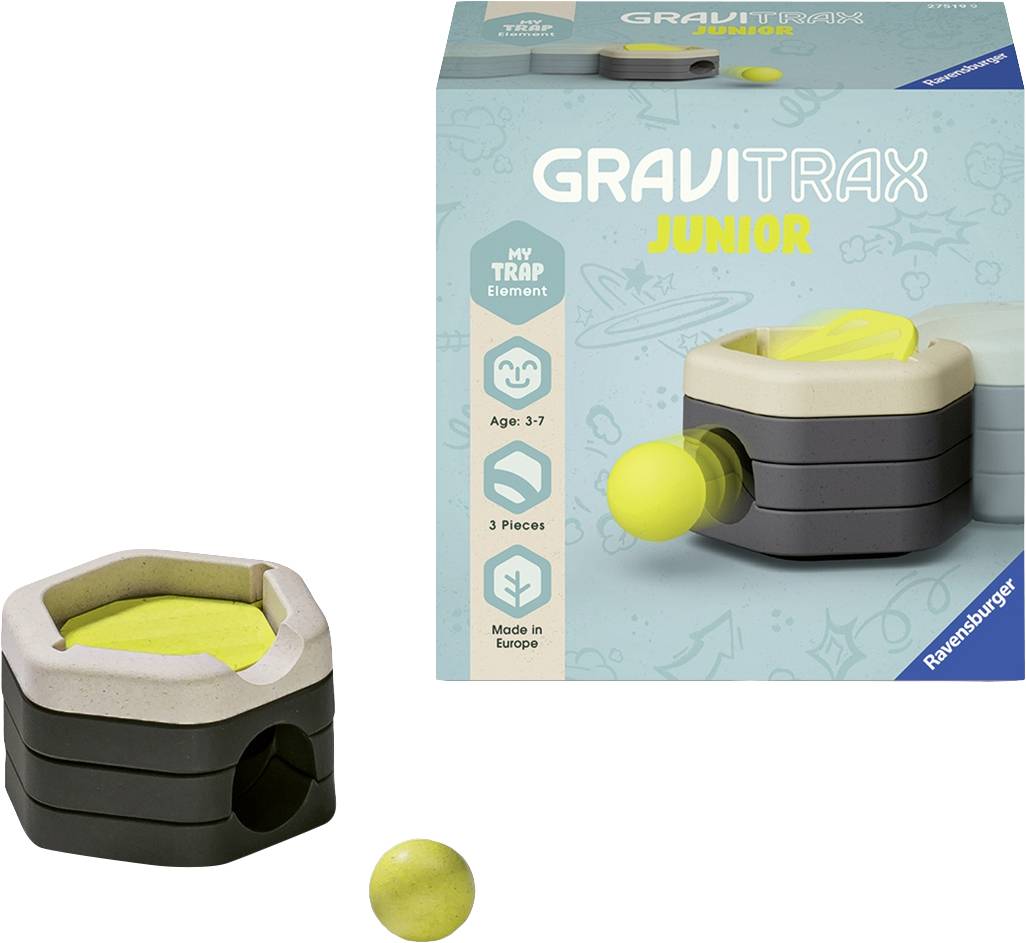 Packung des 'Gravitrax Junior' mit gelbem Trapelement. Geeignet für Kinder im Alter von 3 bis 7 Jahren. Enthält 3 Teile.