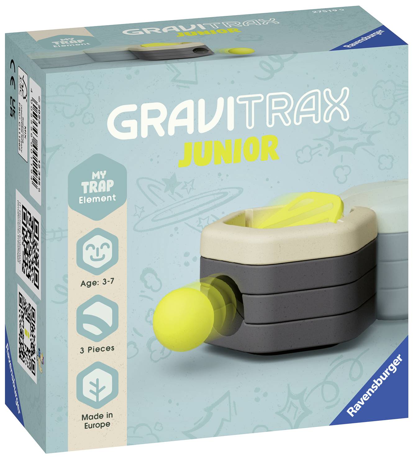 Eine Verpackung zeigt das Produkt 'Gravitrax Junior'. Enthalten ist ein 'My Trap Element' für Kinder im Alter von 3 bis 7 Jahren, bestehend aus 3 Teilen. Hergestellt in Europa.