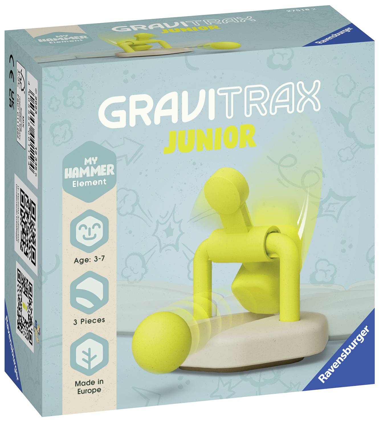 Spielzeugverpackung 'Gravitrax Junior'. Enthält Hammer-Element für Kinder im Alter von 3 bis 7 Jahren. Hergestellt in Europa.