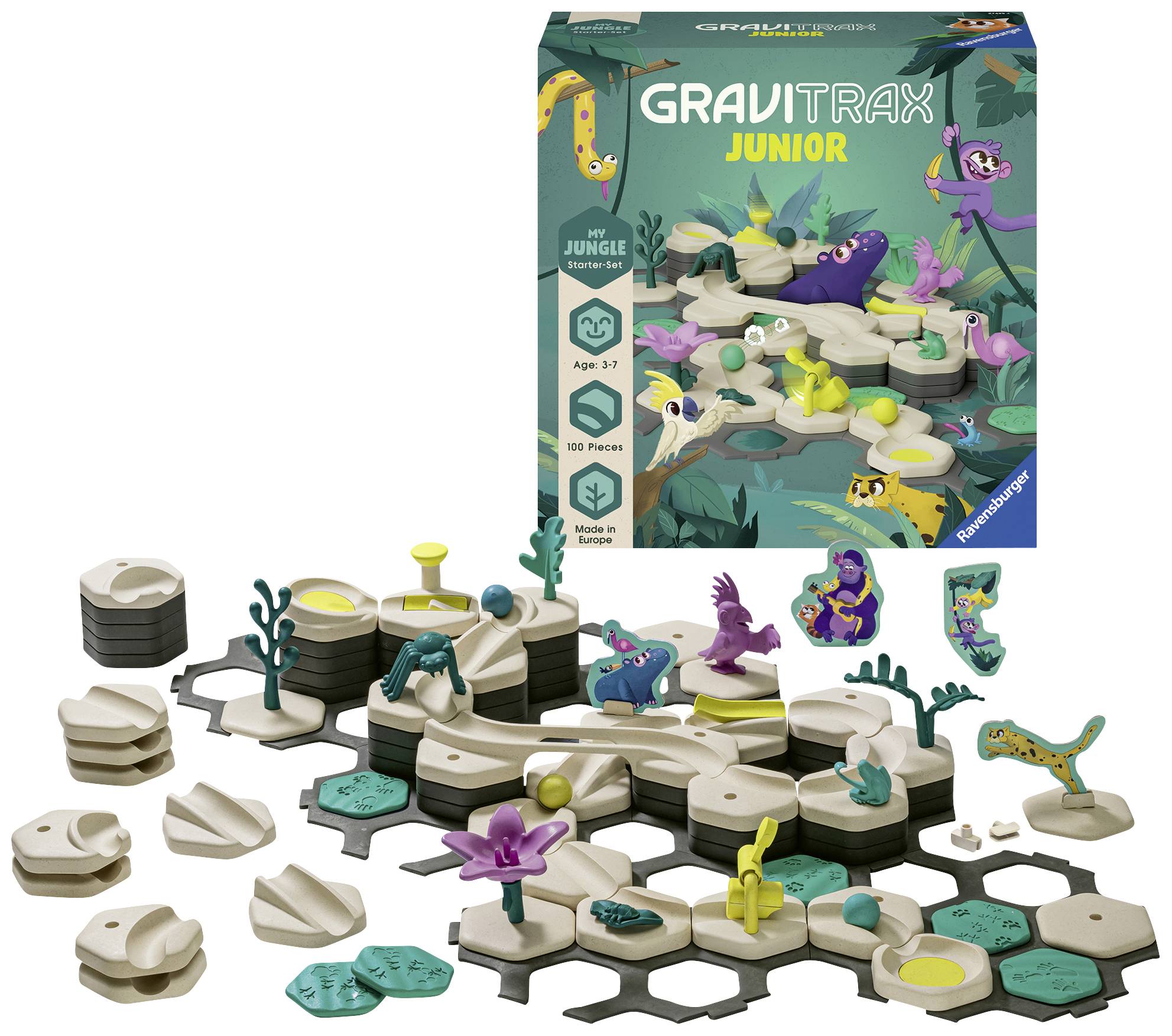 GraviTrax Junior Spiellandschaft mit Dschungelthema, bunten Tierfiguren und Schienenmodulen vor der Verpackung. Ab 3 Jahren.
