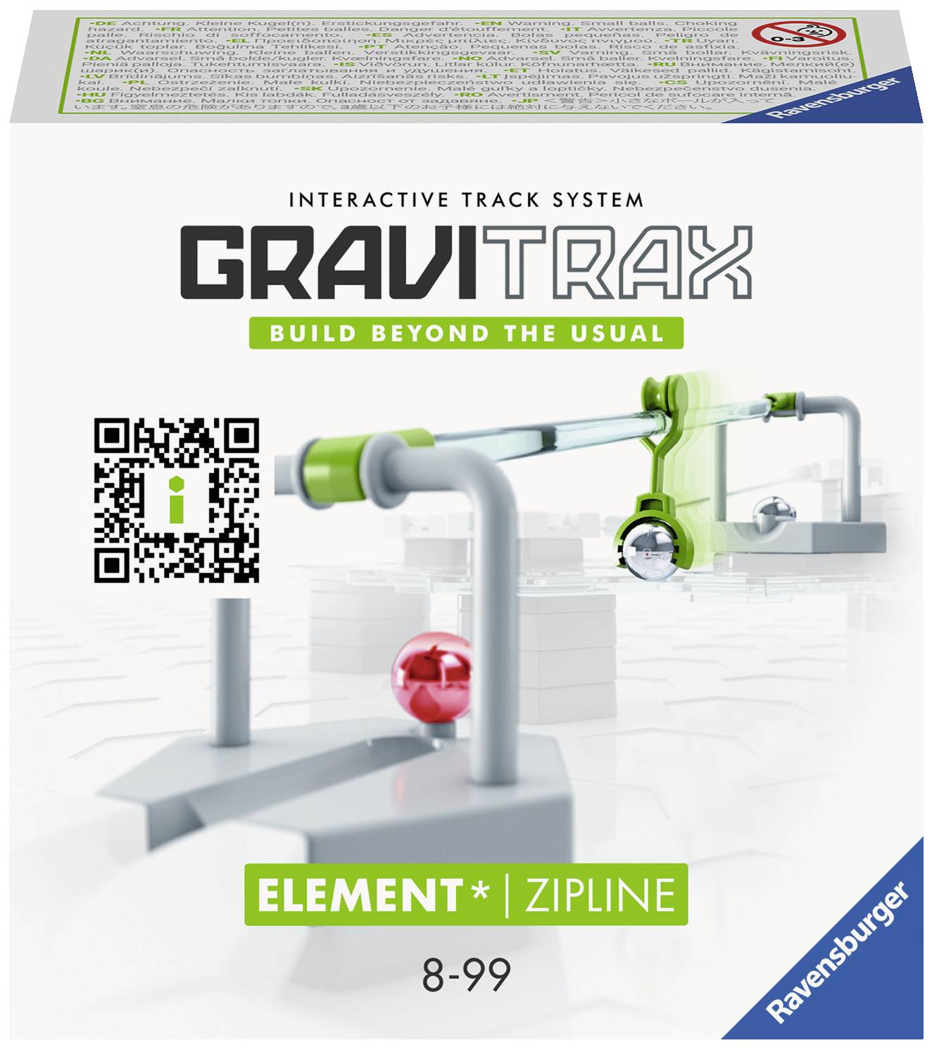 Die Verpackung zeigt das interaktive Gravitrax-Set 'Element Zipline' von Ravensburger, ab 8 Jahren geeignet. Enthält Bahn und Kugel.