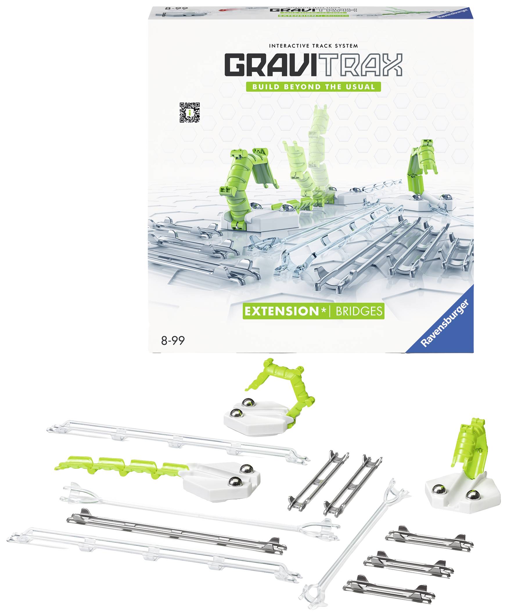'GraviTrax Erweiterung Bridges' Verpackung und Inhalt: grüne Elemente und Schienen zur Erweiterung eines Kugelbahnsystems für Kinder ab 8 Jahren.