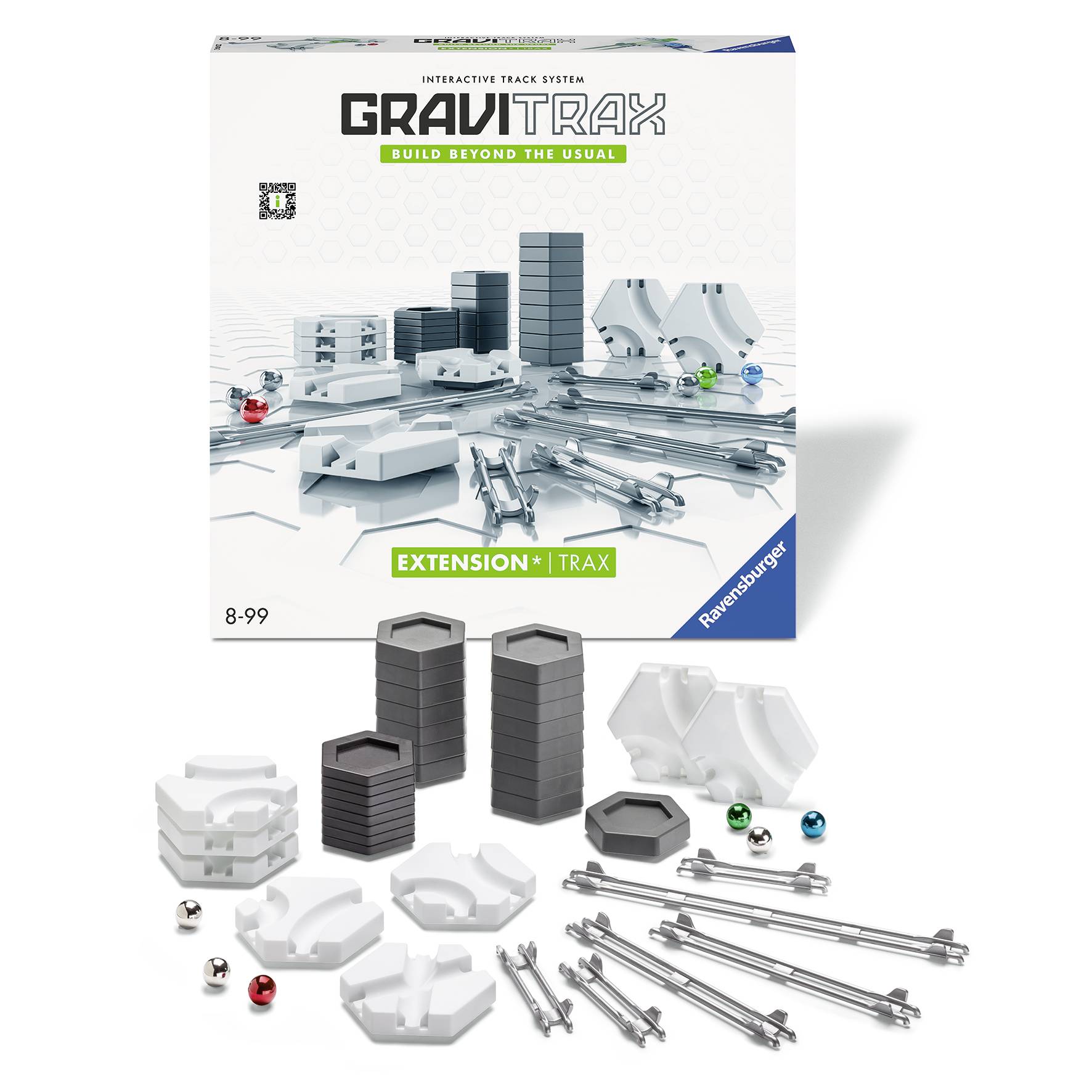'GraviTrax Erweiterungsset', enthält Schienen, Murmeln und Baukomponenten. Geeignet für 8- bis 99-Jährige, Ravensburger, graues Design.