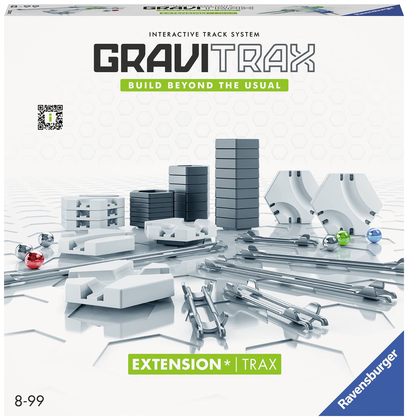 Eine Erweiterung des GraviTrax-Systems für interaktive Kugelbahnen. Enthält zusätzliche Schienen und Bauteile zur Streckenvergrößerung. Ab 8 Jahren.