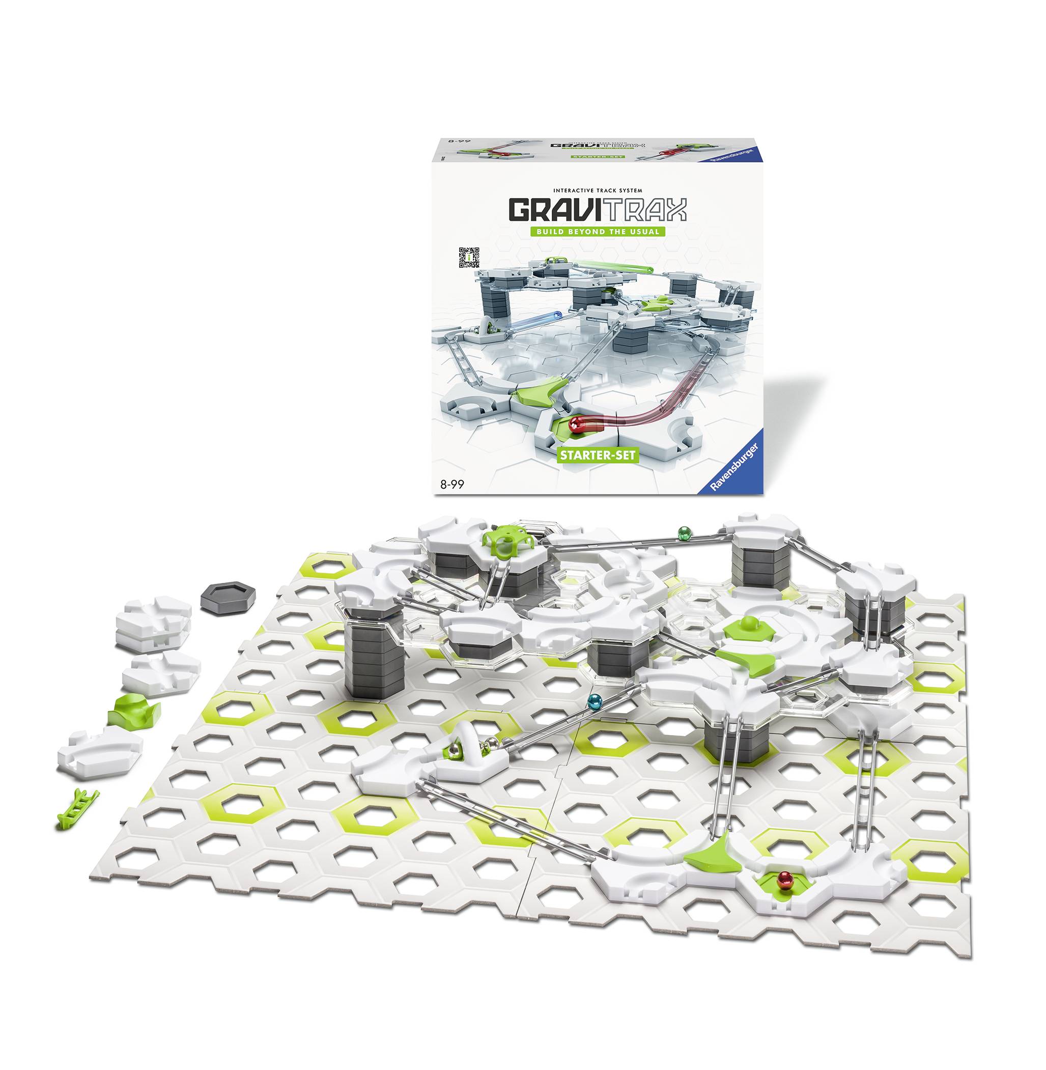 Konstruktionsspielzeug 'GraviTrax' Set mit Kugelbahn, Basisplatte, Schienen und Zubehör, ideal für Kinder ab 8 Jahren.