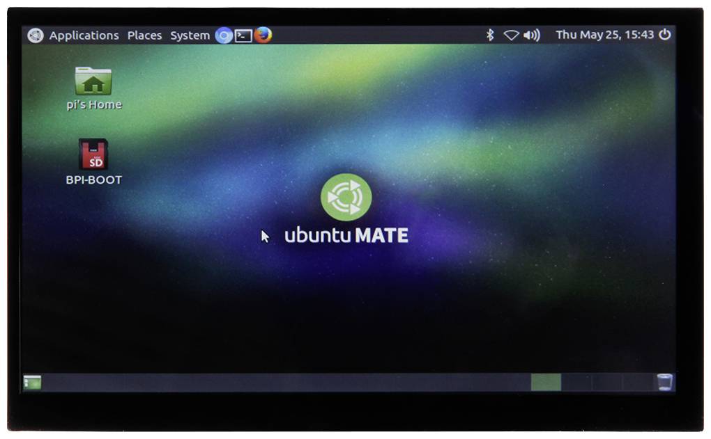Ein Computerbildschirm zeigt den Desktop von Ubuntu MATE mit zwei Desktop-Icons: 'pi's Home' und 'BPI-BOOT' sowie einem Menü oben.