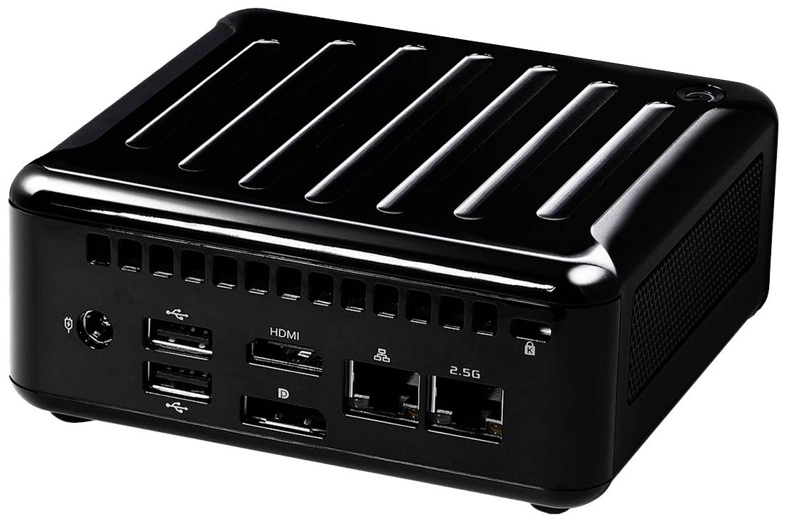 Ein glänzendes, schwarzes Elektronikgerät mit mehreren Anschlüssen, darunter HDMI, USB und Ethernet, auf der Vorderseite.