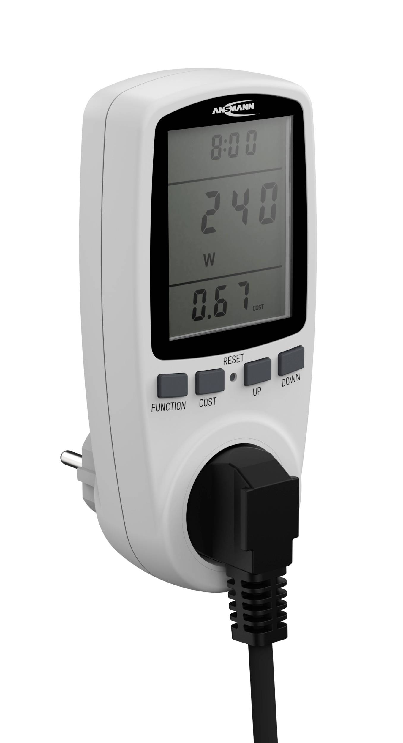 Steckdosen-Energiekostenmessgerät mit Display zeigt 240 W und 0,67 kWh.