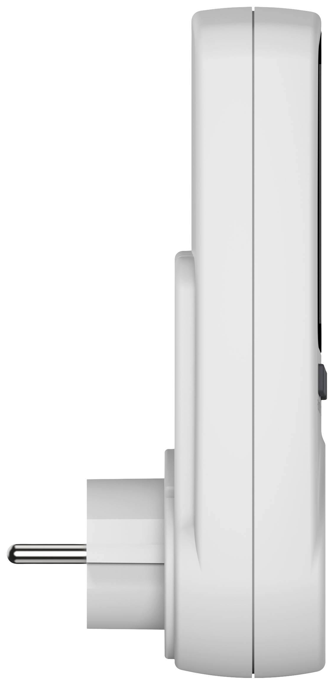 Seitenansicht eines weißen elektrischen Geräts mit Stecker, geeignet zur Wandmontage.