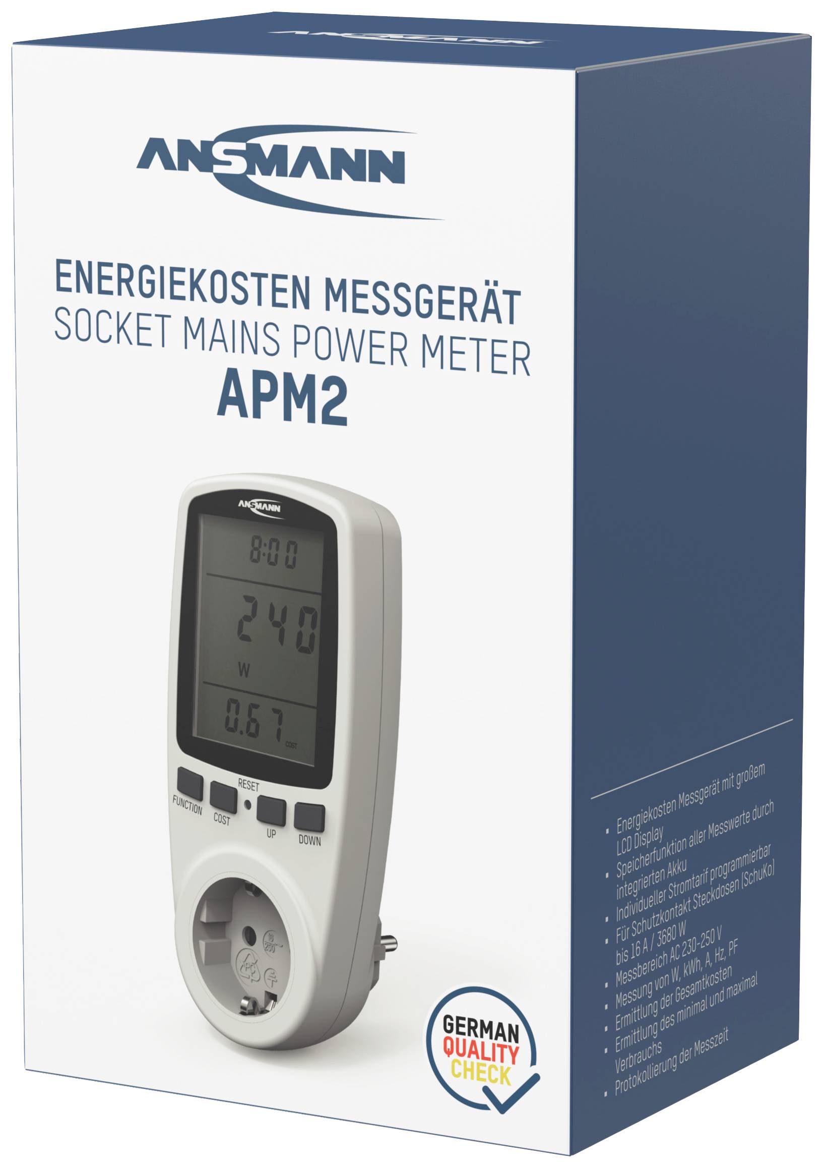 Energieverbrauchs-Messgerät in Verpackung mit Display, Steckdose und deutschem Qualitätszertifikat. Zeigt Volt und Ampere an.