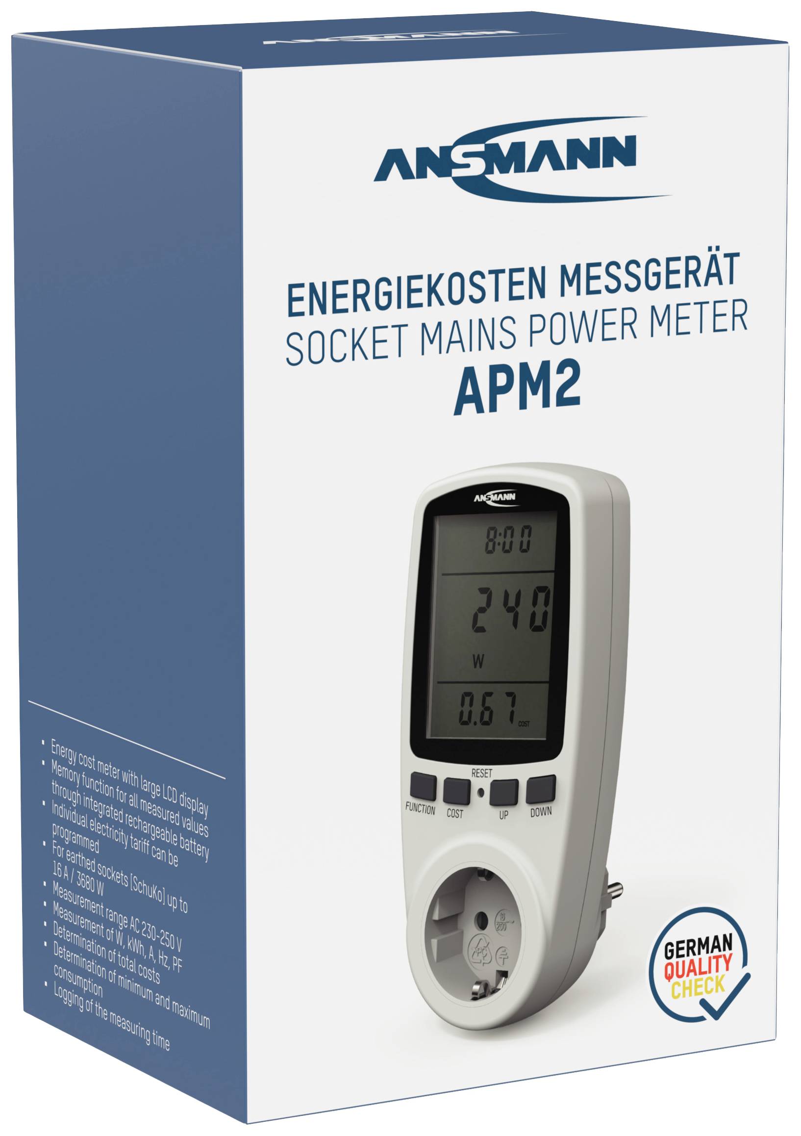 Verpackung eines Energieverbrauchsmessgeräts mit der Aufschrift 'Energiekosten Messgerät APM2'. Zeigt Gerät mit Steckdose und Display.