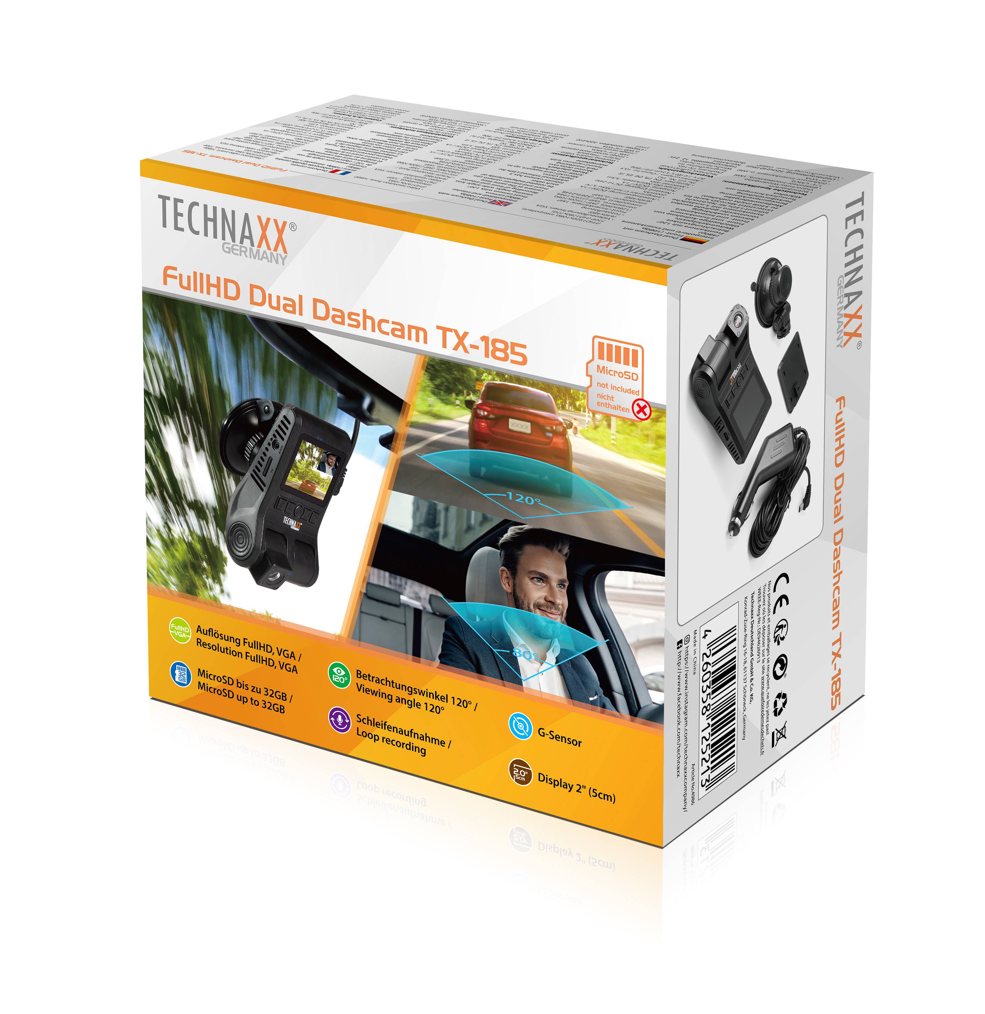 Technaxx TX-185 Dashcam Blickwinkel horizontal max.=120 ° 5 V Display, Dual-Kamera, G-Sensor, Innenraumkamera, Akku, Schleifenaufzeichnung