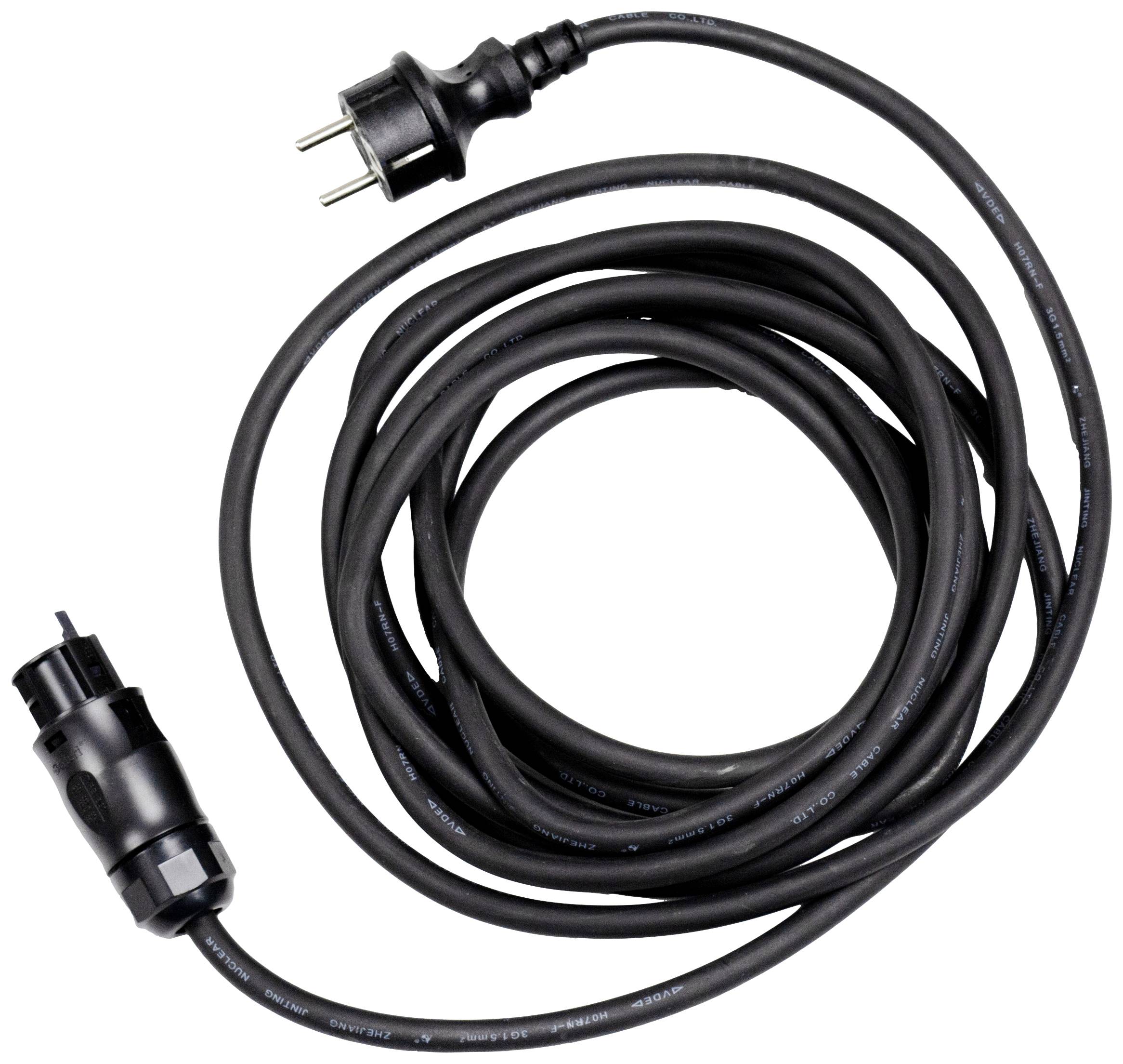 Ein langes schwarzes Kabel mit einem europäischen Stecker und einer Buchse an den Enden, geeignet für elektrische Verbindungen.