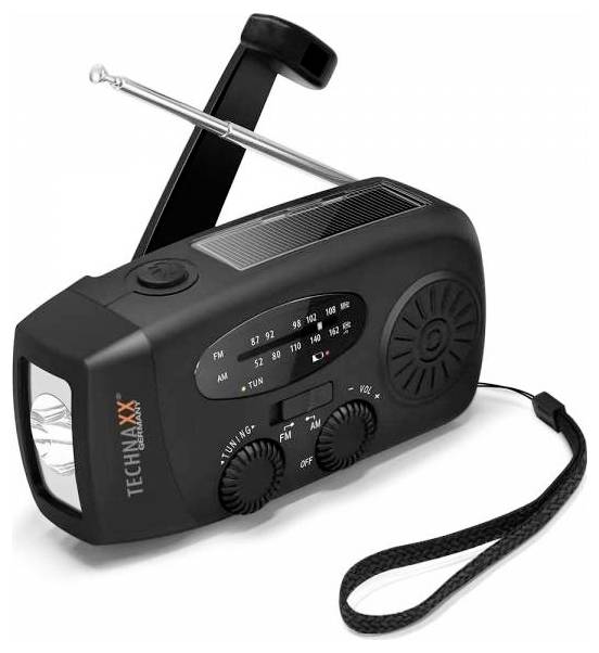 Technaxx TX-238 Notfallradio AM, FM Notfallradio Handkurbel, Solarpanel, Taschenlampe, wiederaufladbar Schwarz