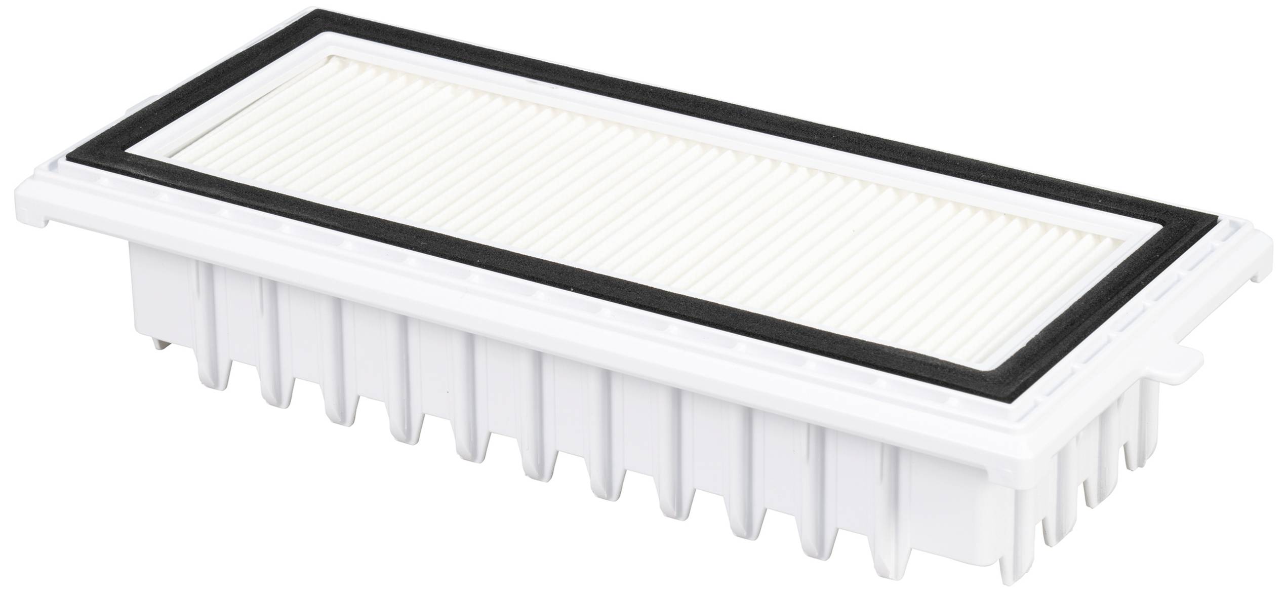Ein rechteckiger HEPA-Filter mit schwarzem Rahmen und weißen Falten zur Luftreinigung.