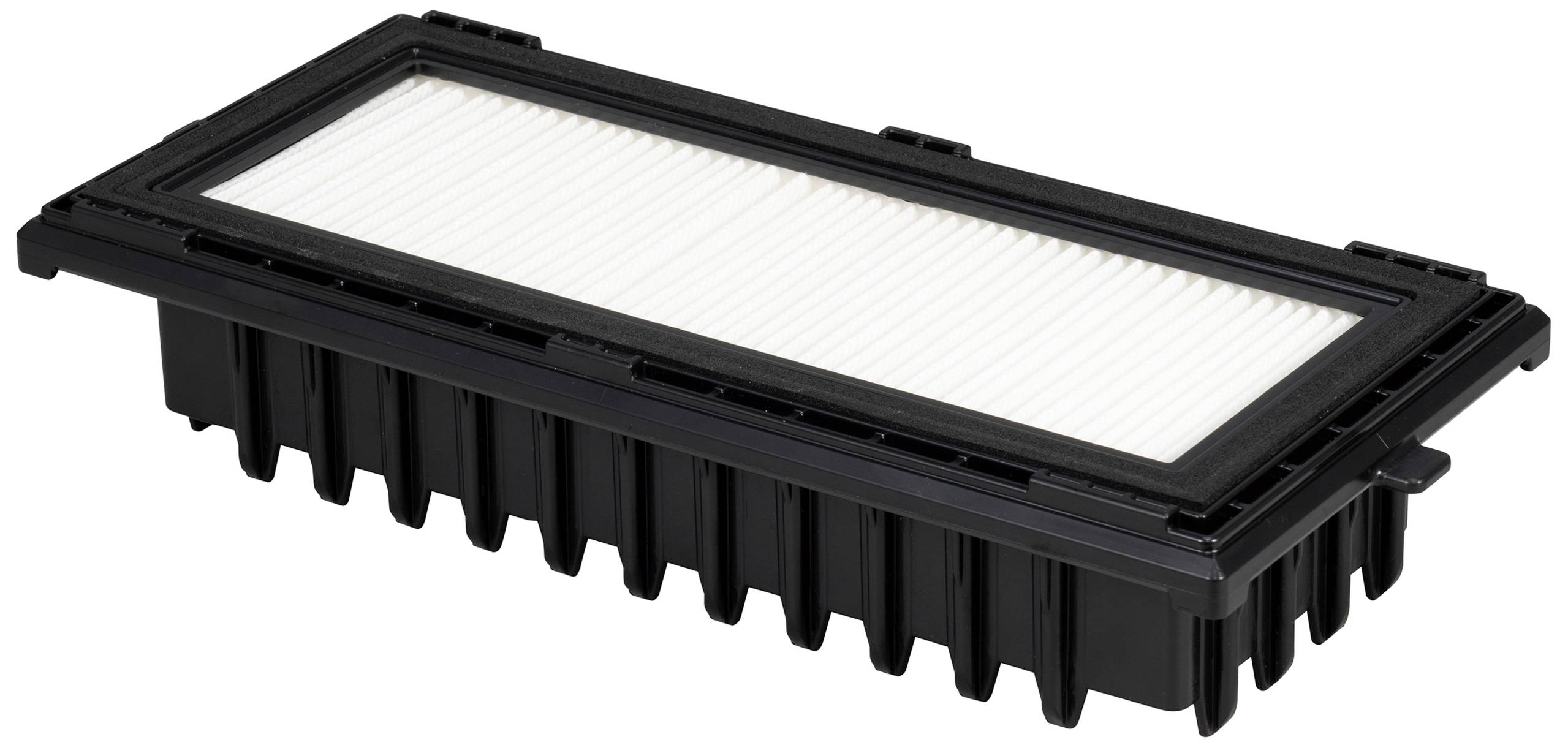 Luftfilter aus schwarzem Kunststoffgehäuse mit weißem Filtermaterial. Rechteckige Form, dient zur Reinigung der Luft in Geräten.